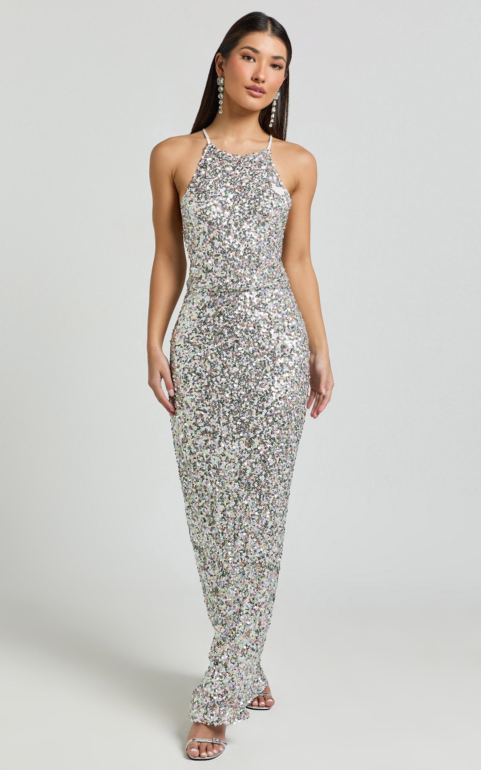 Frieda Maxi Dress - Halter Neck Cross Back Sequin Dress in Rainbow Silver