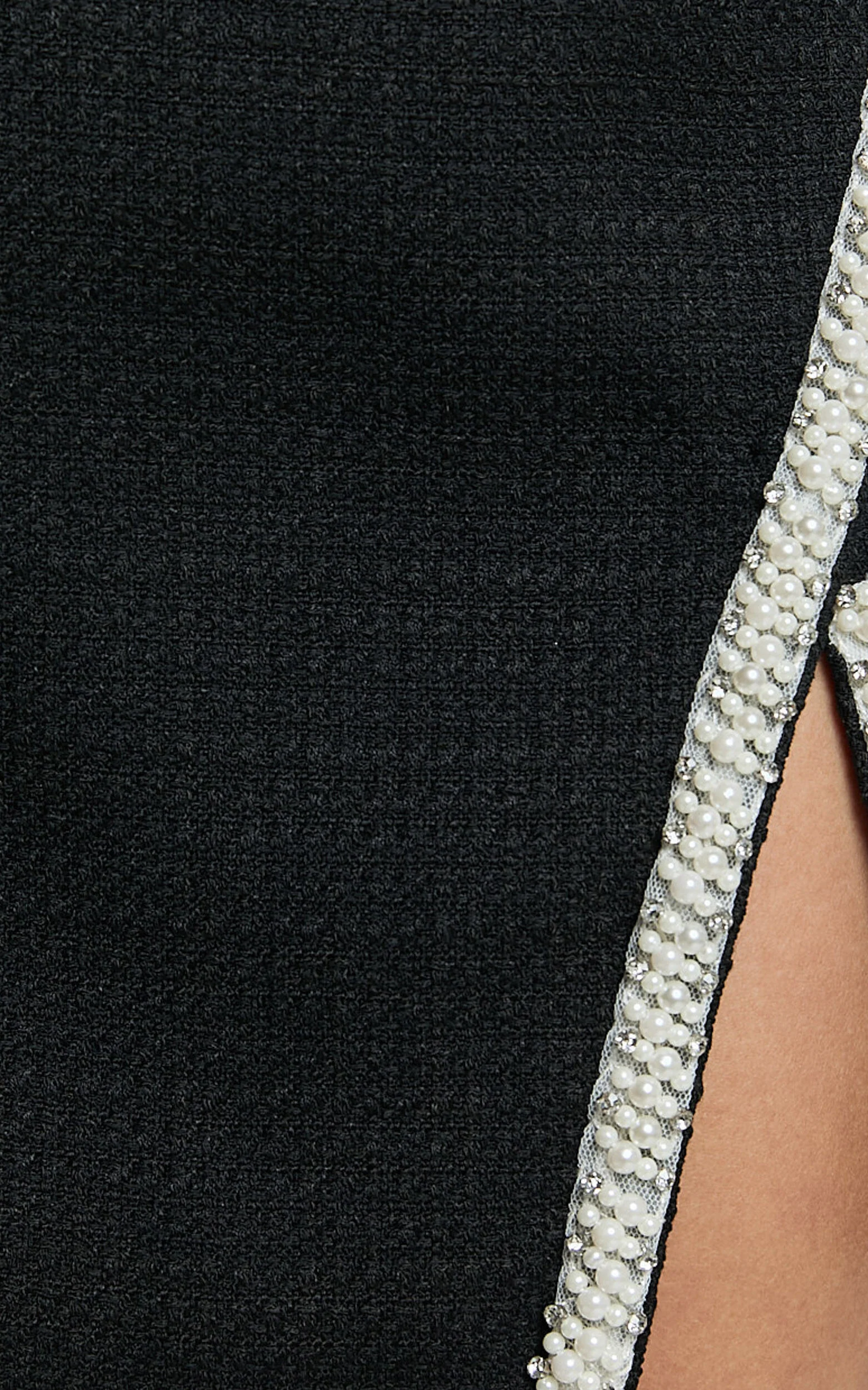 Donatella Mini Skirt - Boucle Pearl Trim Side Split Mini Skirt in Black