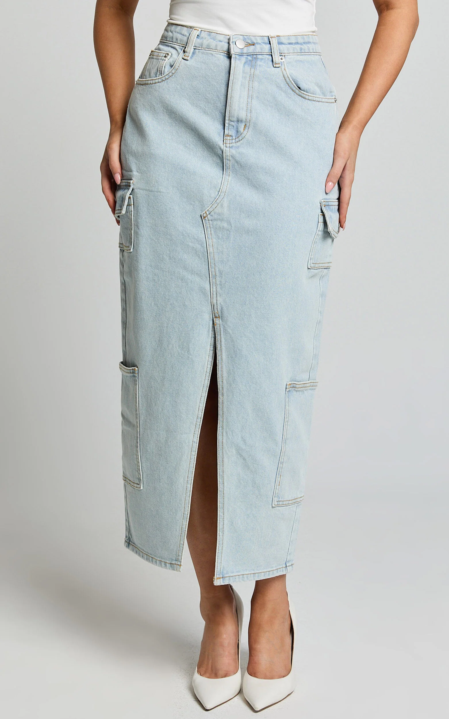 Sylvia Midi Skirt - Utility Pockets Denim Skirt in Light Blue Wash