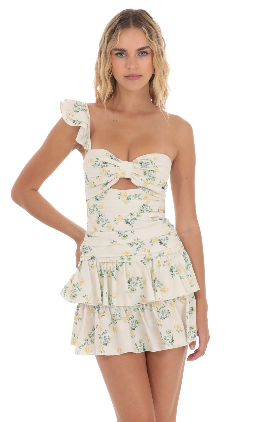 Floral One Shoulder Cutout Dress in Off White