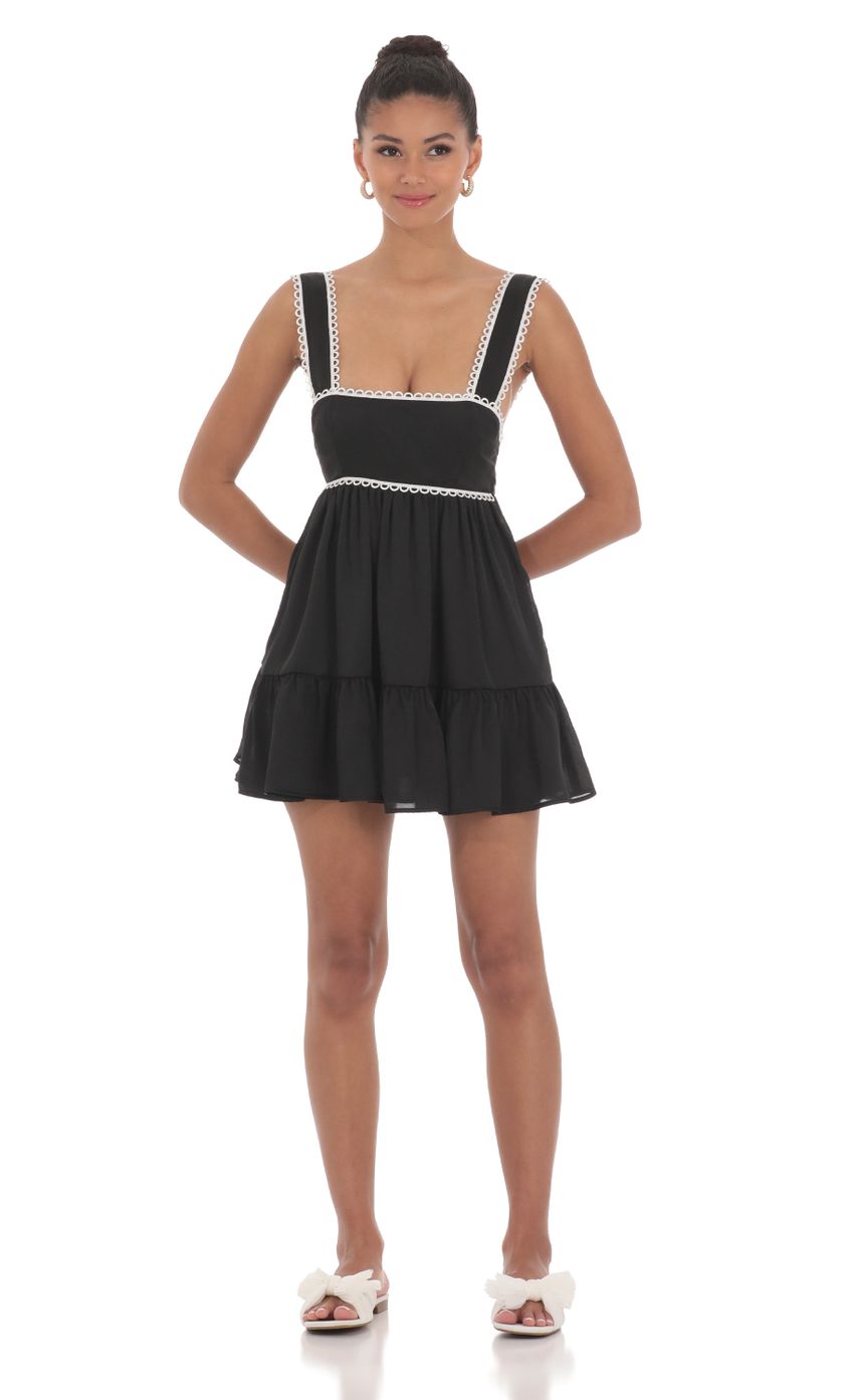 Embroidered Trim Babydoll Dress in Black