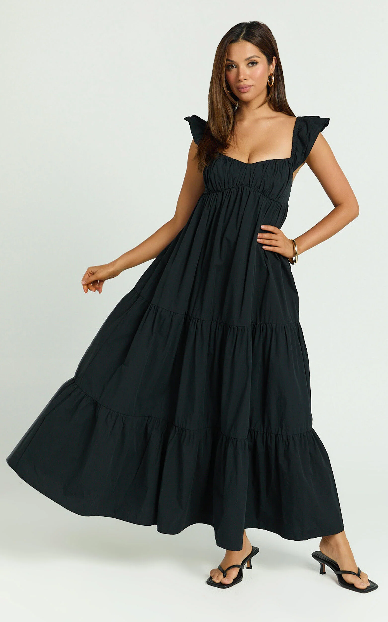 Brienne Midi Dress - Flutter Sleeve Tie Back Dress in Black