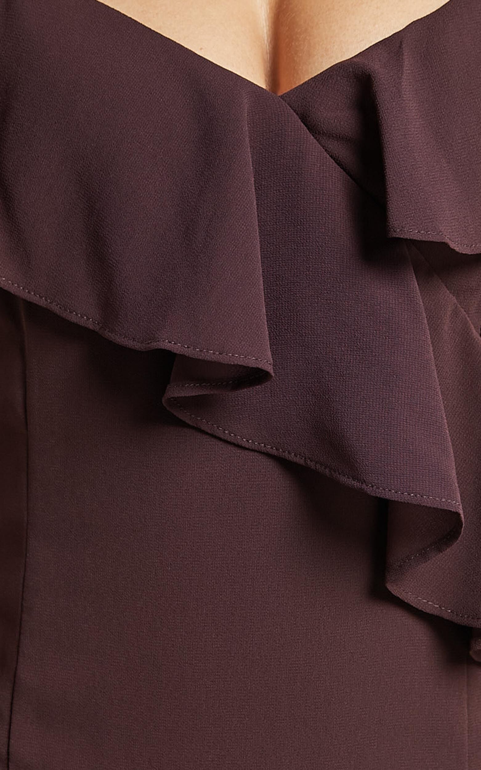Emily Midi Dress - Strappy Asymmetric Ruffle Dress in Chocolate
