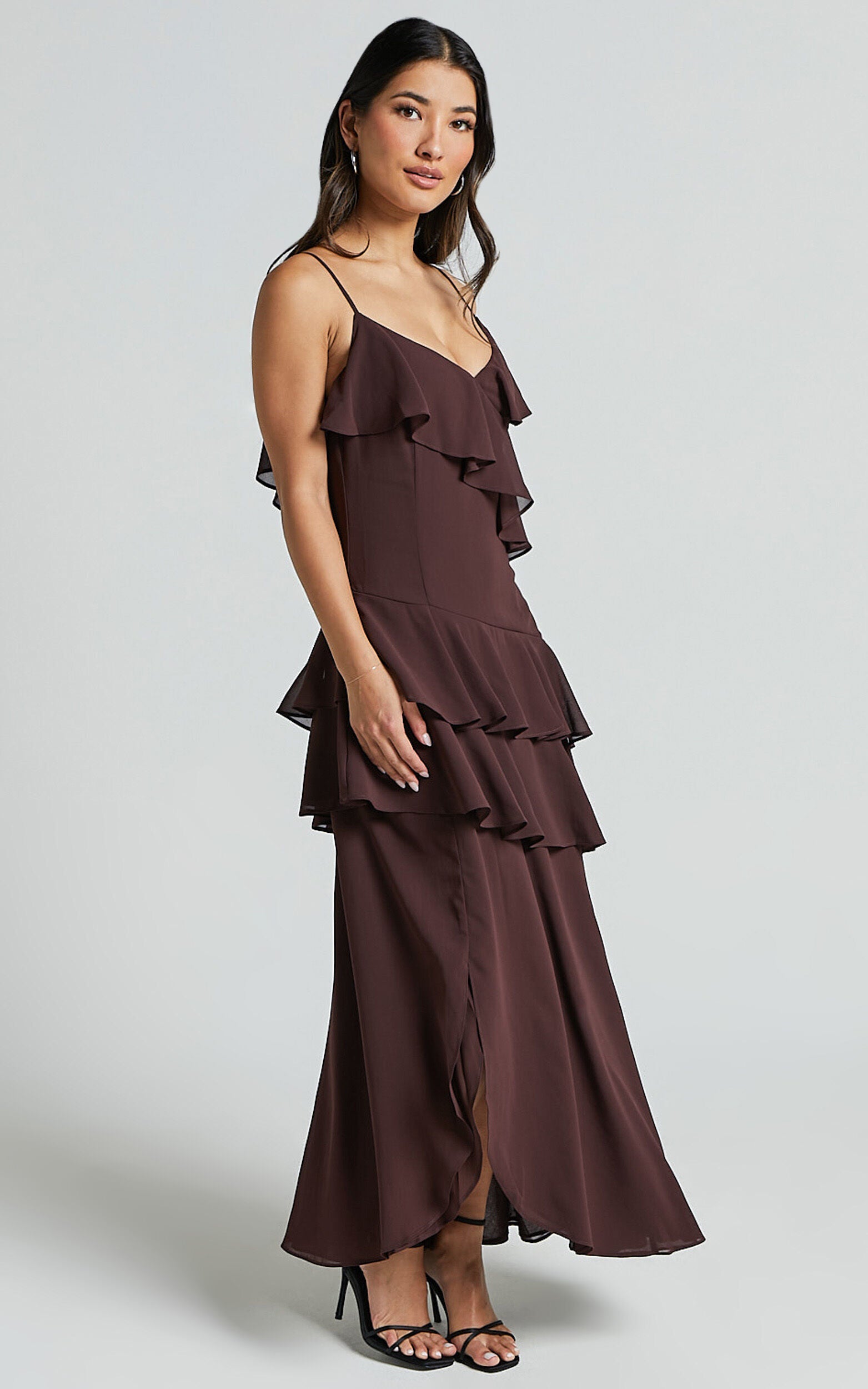 Emily Midi Dress - Strappy Asymmetric Ruffle Dress in Chocolate