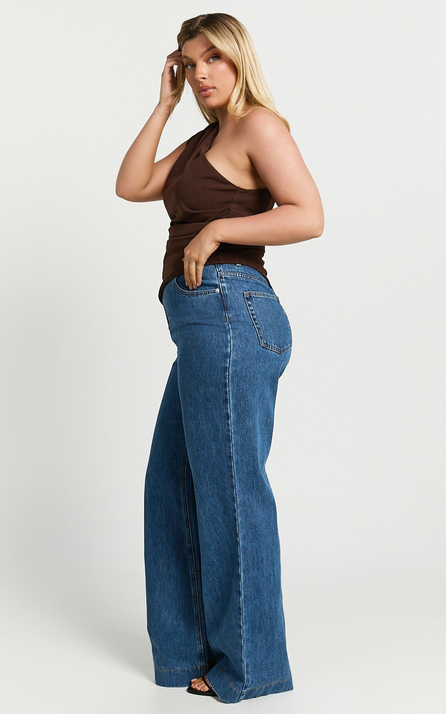 Emman Jeans - High Waisted Cotton Wide Leg Denim Jeans in Dark Blue Wash