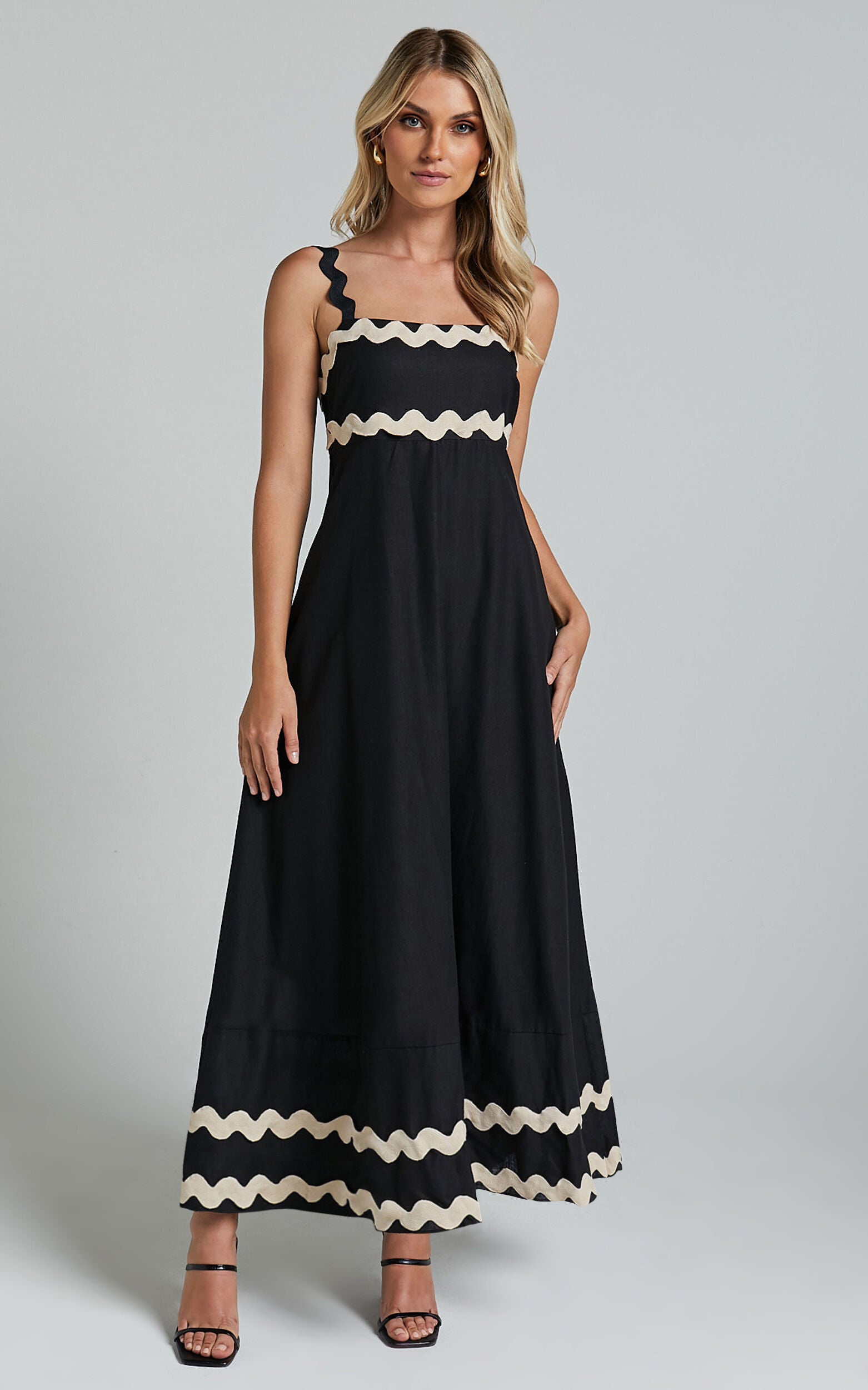 Wenalyn Midi Linen Dress - Straight Neck Wave Detail A Line Dress in Black with Beige Contrast Trim