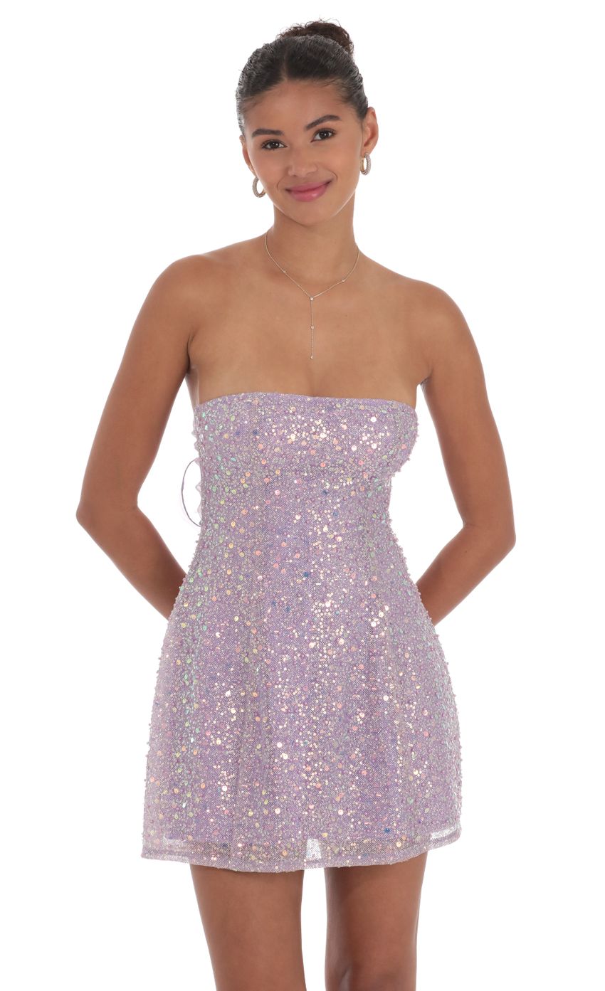 Sequin Glitter Strapless Fit and Flare Dress in Lilac