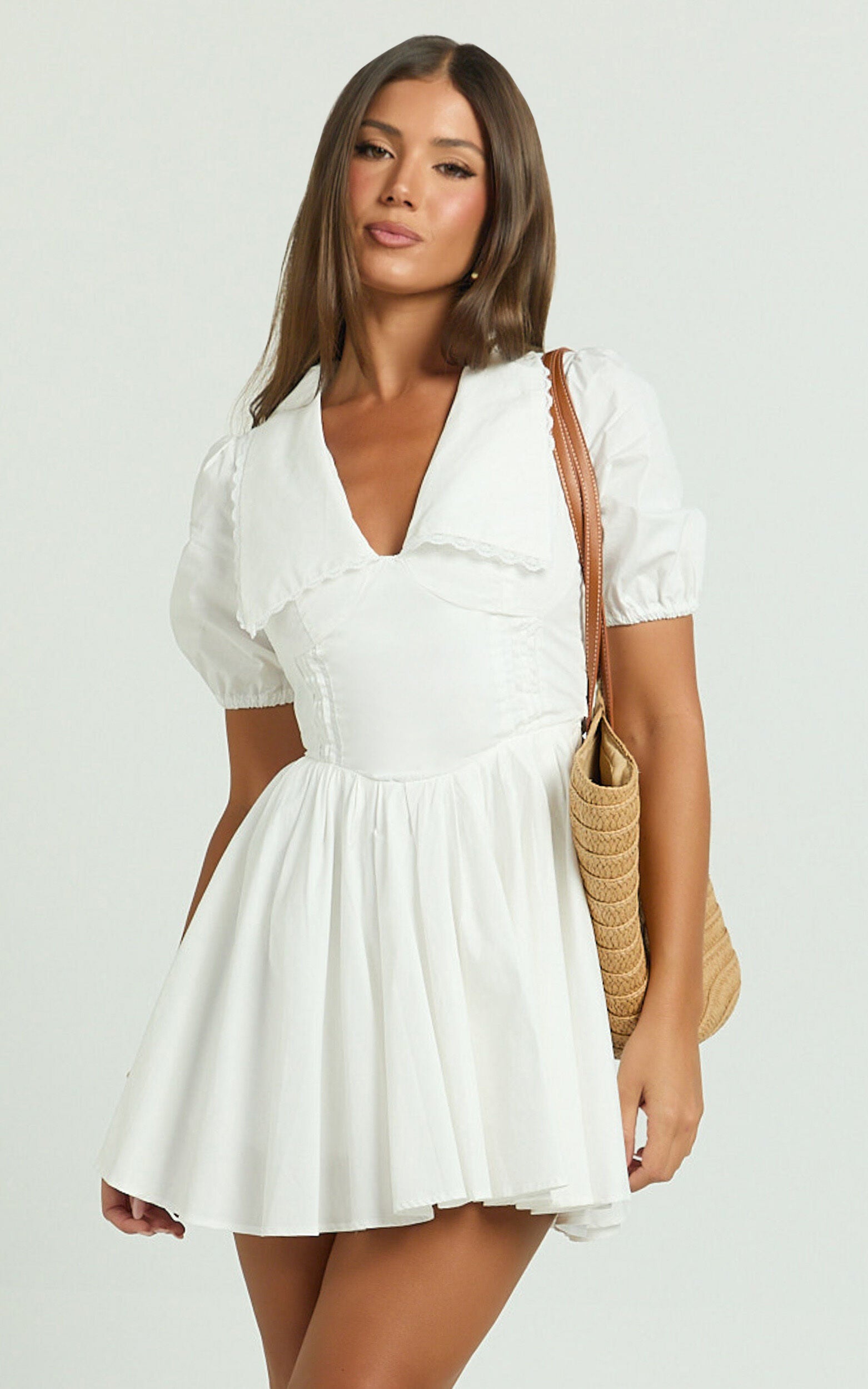 Jhorgen Mini Dress - Collared Puff Sleeve Dress in White