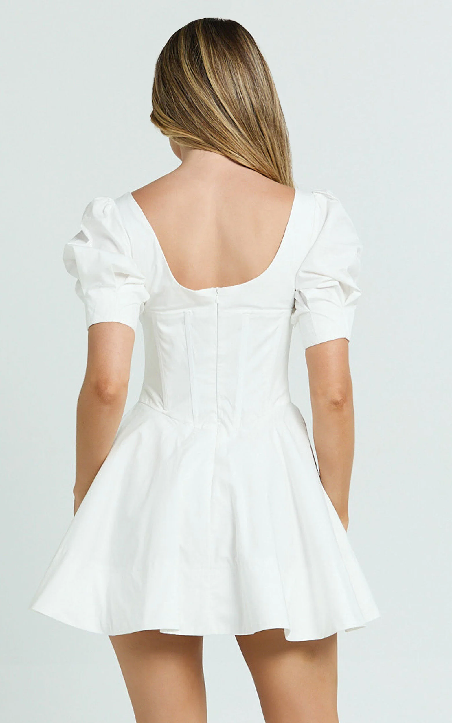 Emma Mini Dress - Scoop Neck Sleeved Corset Drop Waist Circular Skirt Dress in Off White