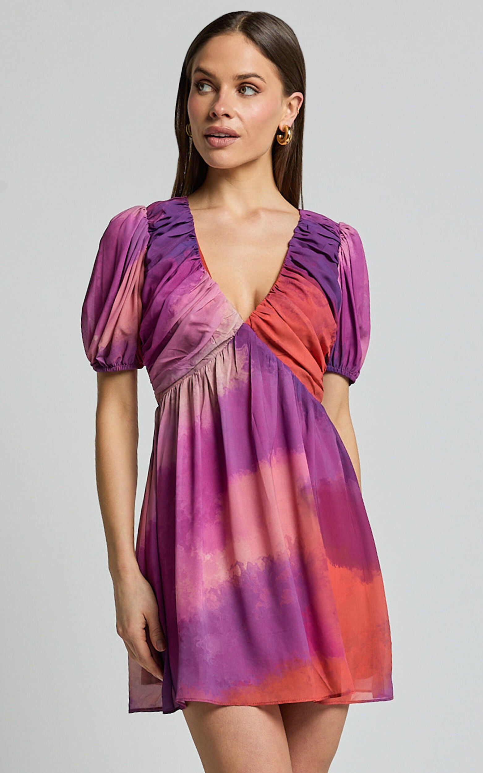 Kennedy Mini Dress - Recycled Polyester V Neck Puff Sleeve Dress in Coral Mirage Print