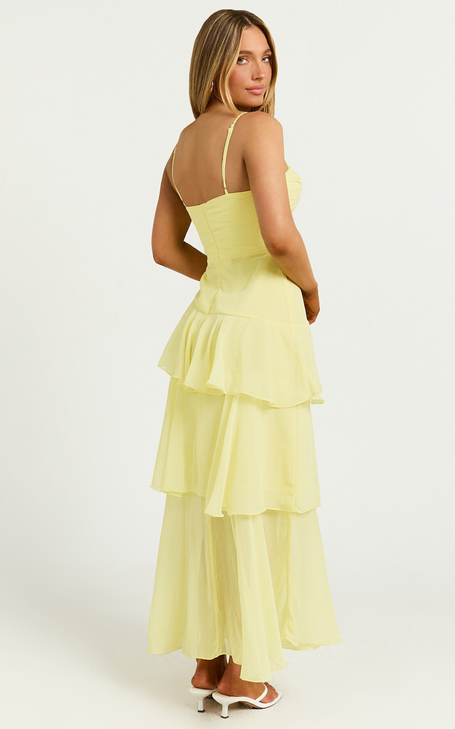 Johanna Midi Dress - Straight Neck Tiered Dress in Lemon