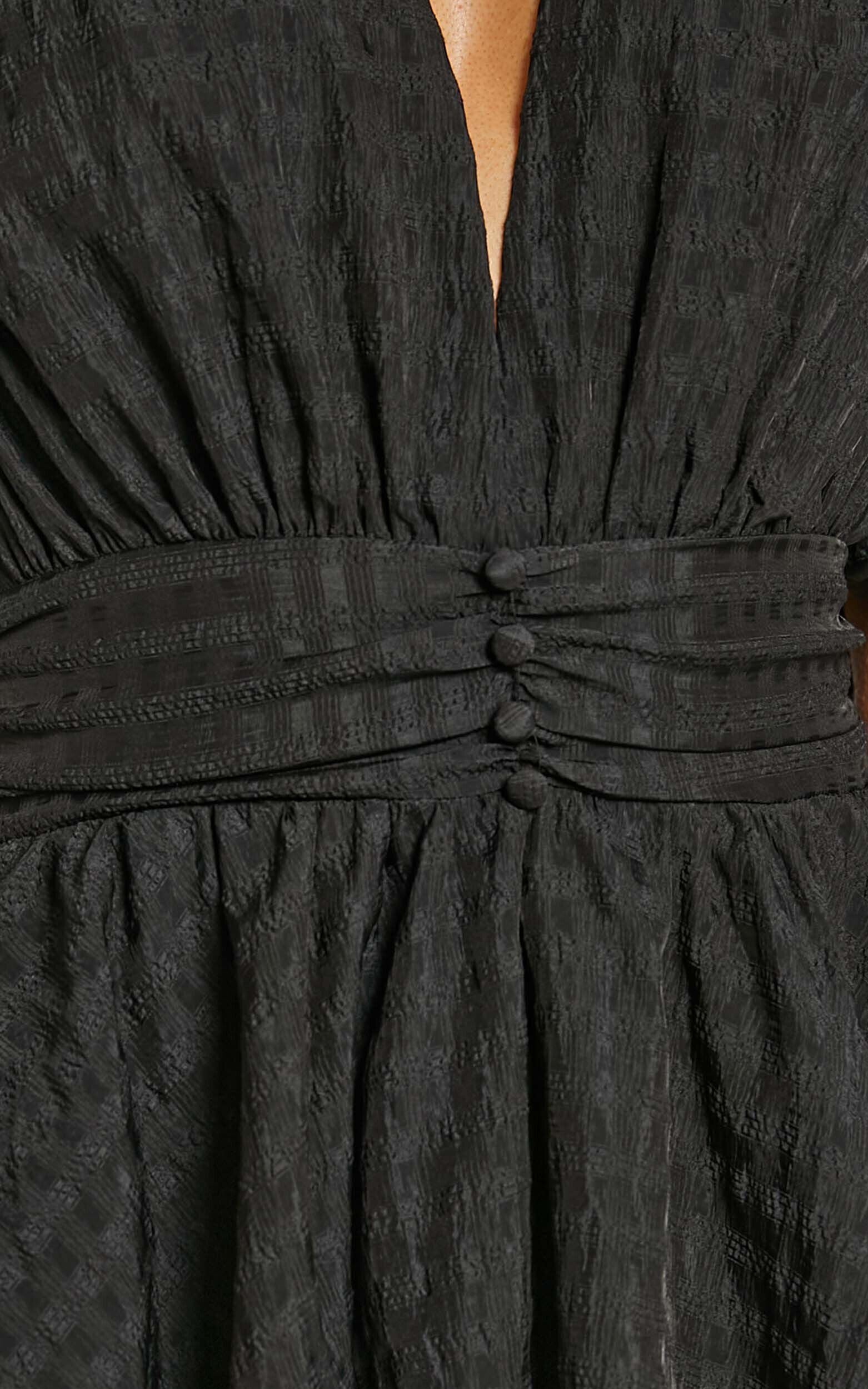 Xandy Mini Dress - Textured Puff Sleeve Plunge Dress in Black