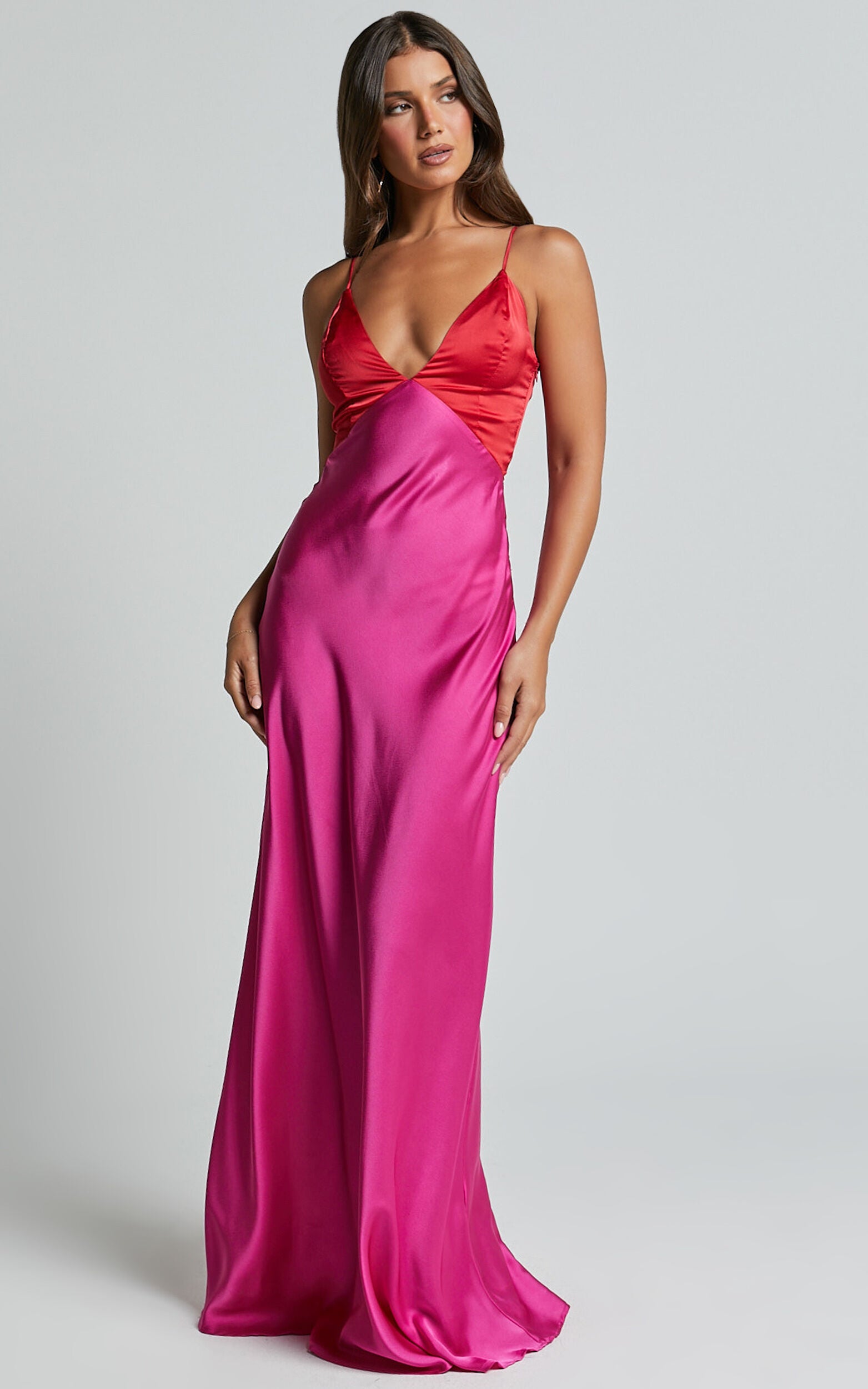 Quincy Maxi Dress - Satin Slip Dress in Pink/Red
