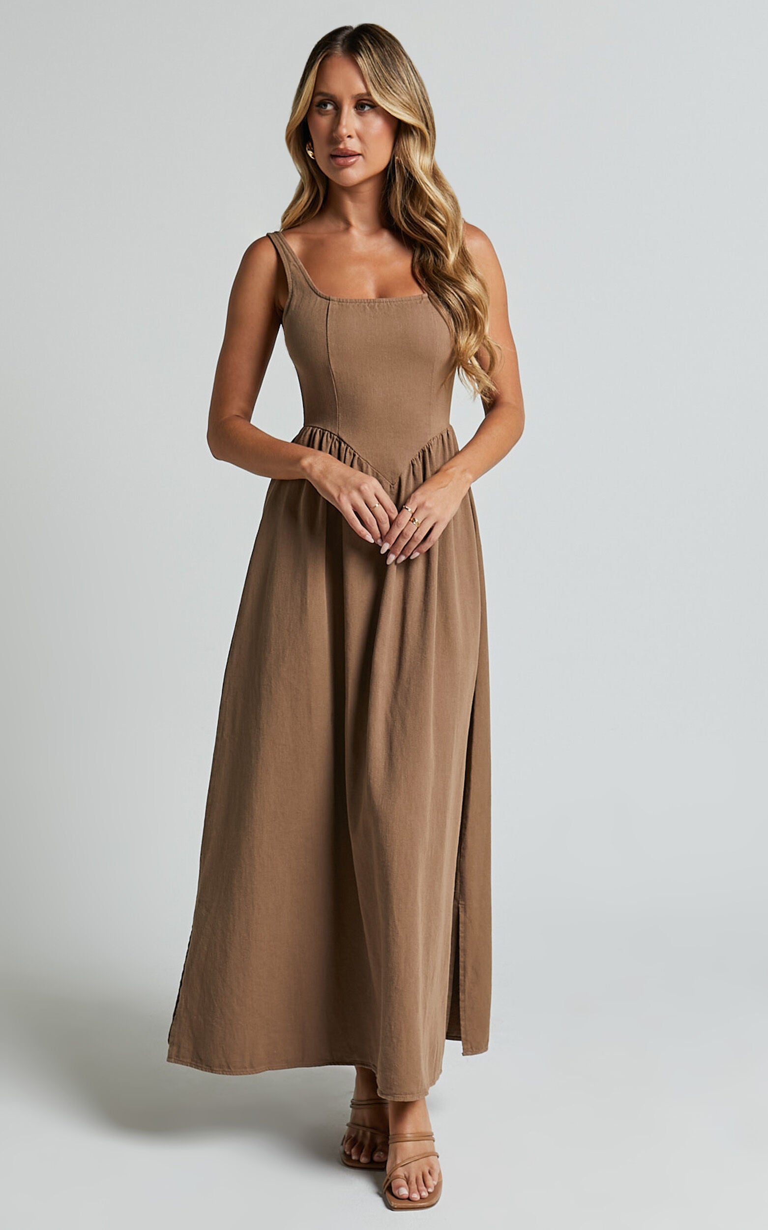 Rhaziya Midi Dress - Sleeveless Straight Neck Fit and Flare Dress in Tobacco