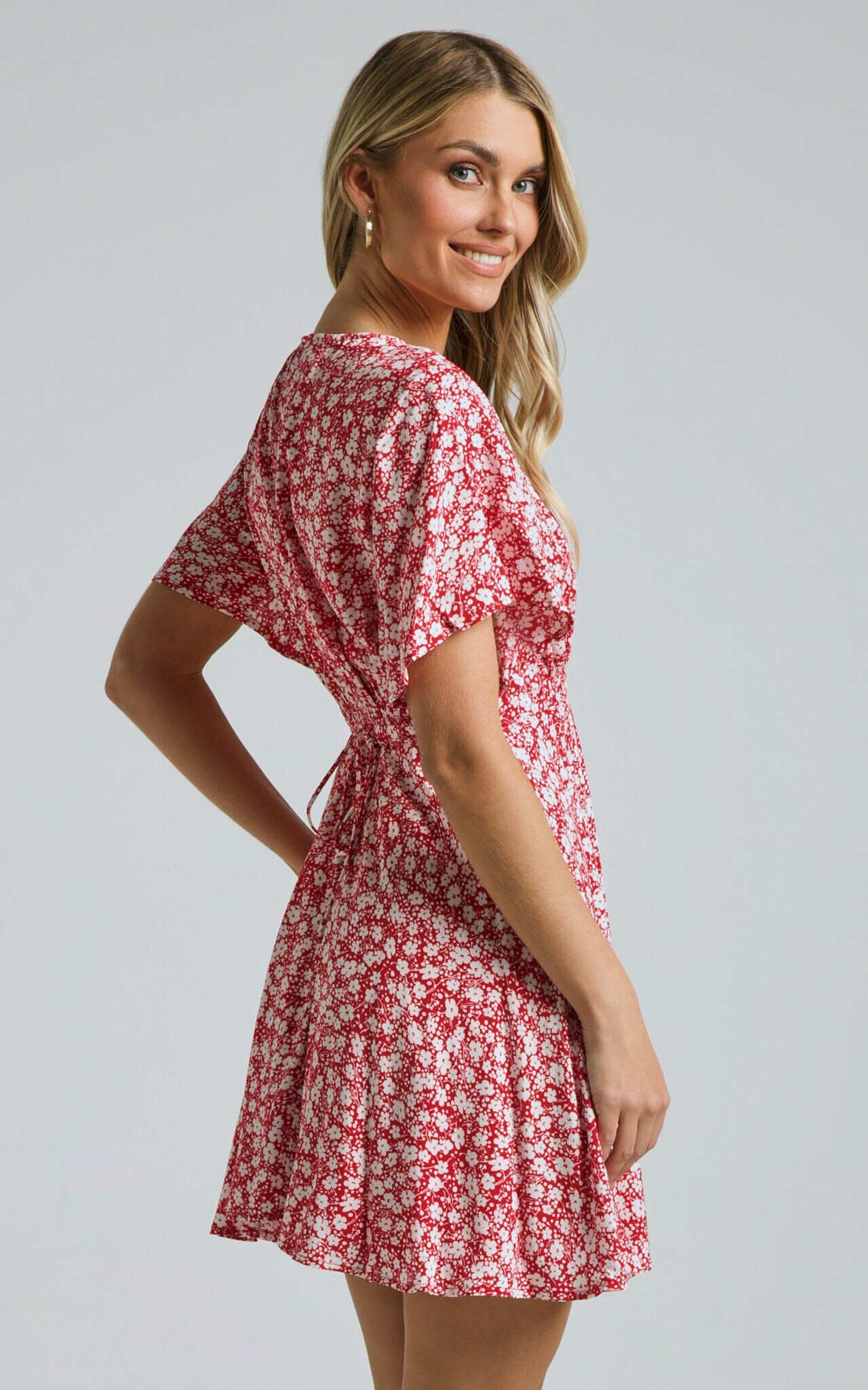 Kharry Mini Dress - Button Through Short Flutter Sleeve Waist Tie in Red Floral