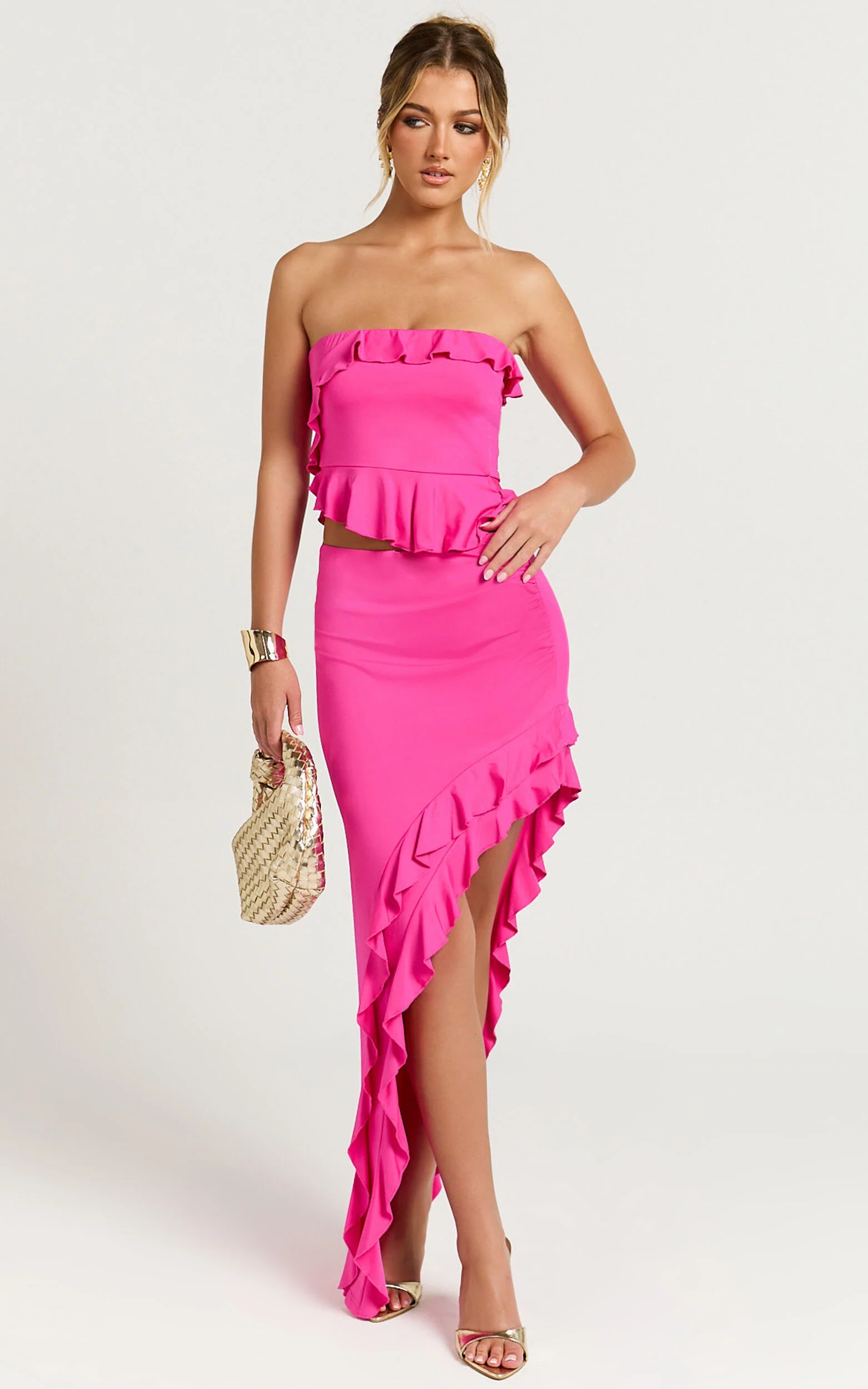Tess Two Piece Set - Jersey Asymmetric Ruffle Strapless Top And Midi Skirt in Fuchsia Pink