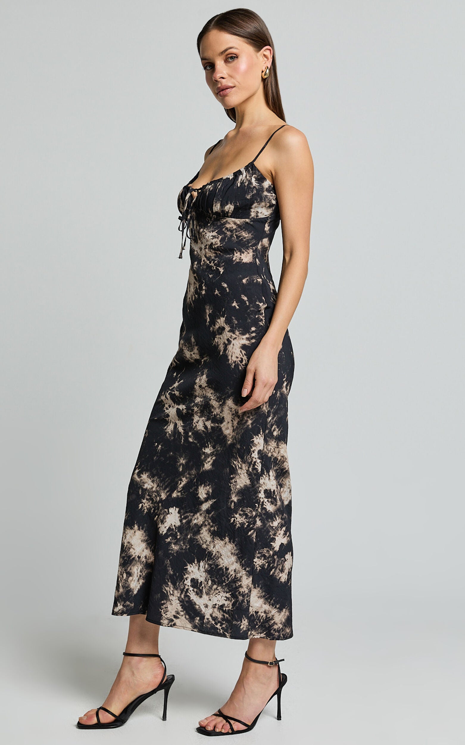 Nicki Midi Dress - Strappy Ruched Bust Slip Dress in Black Tie Dye