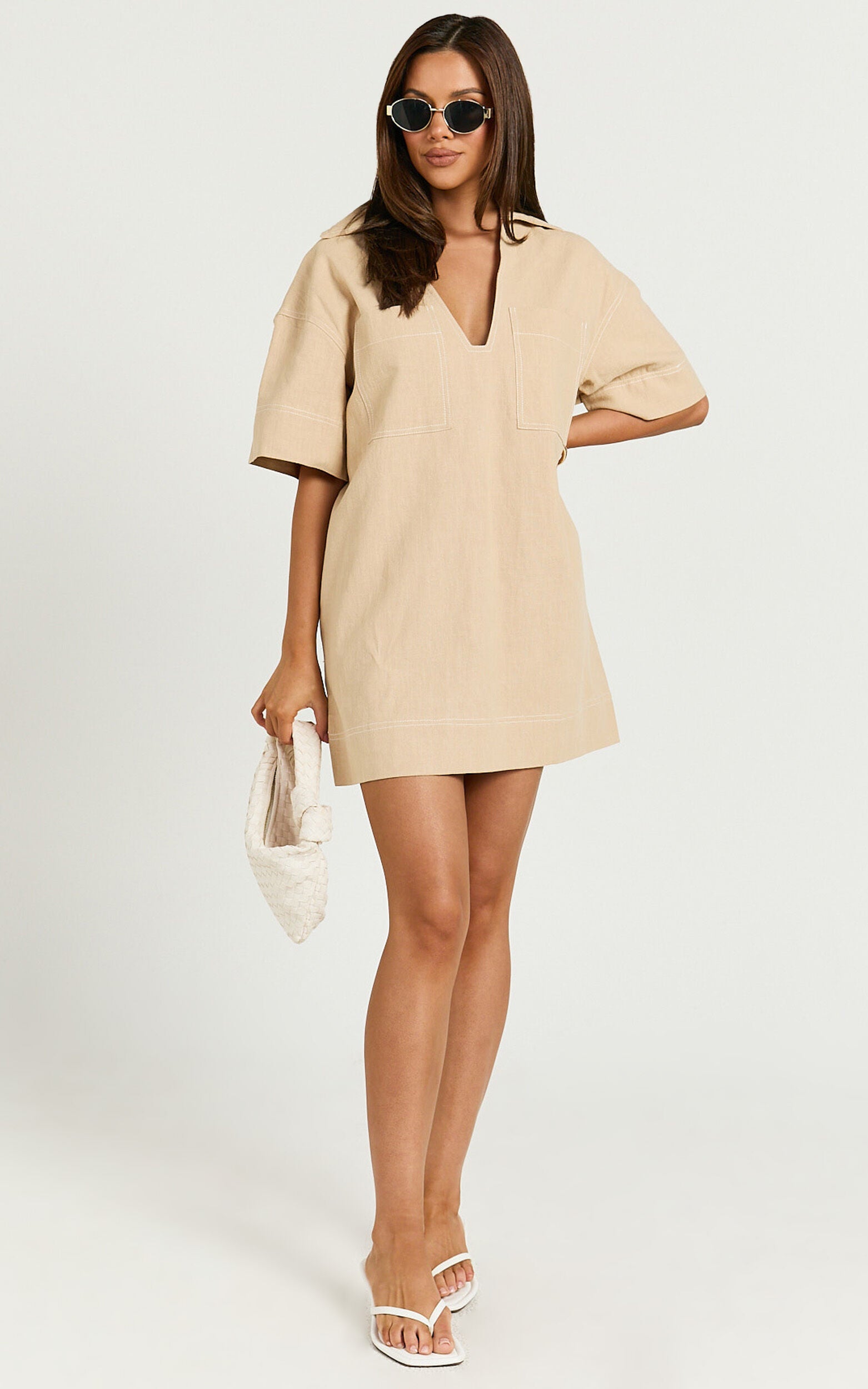 Sanvi Mini Dress - Linen Collared Pocket Shift Dress in Beige