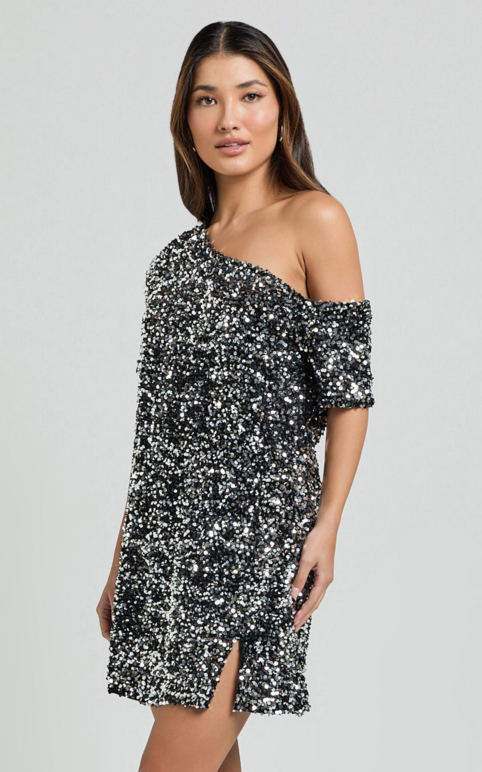 Katrine Mini Dress - Off Shoulder Shift Sequin Dress in Black