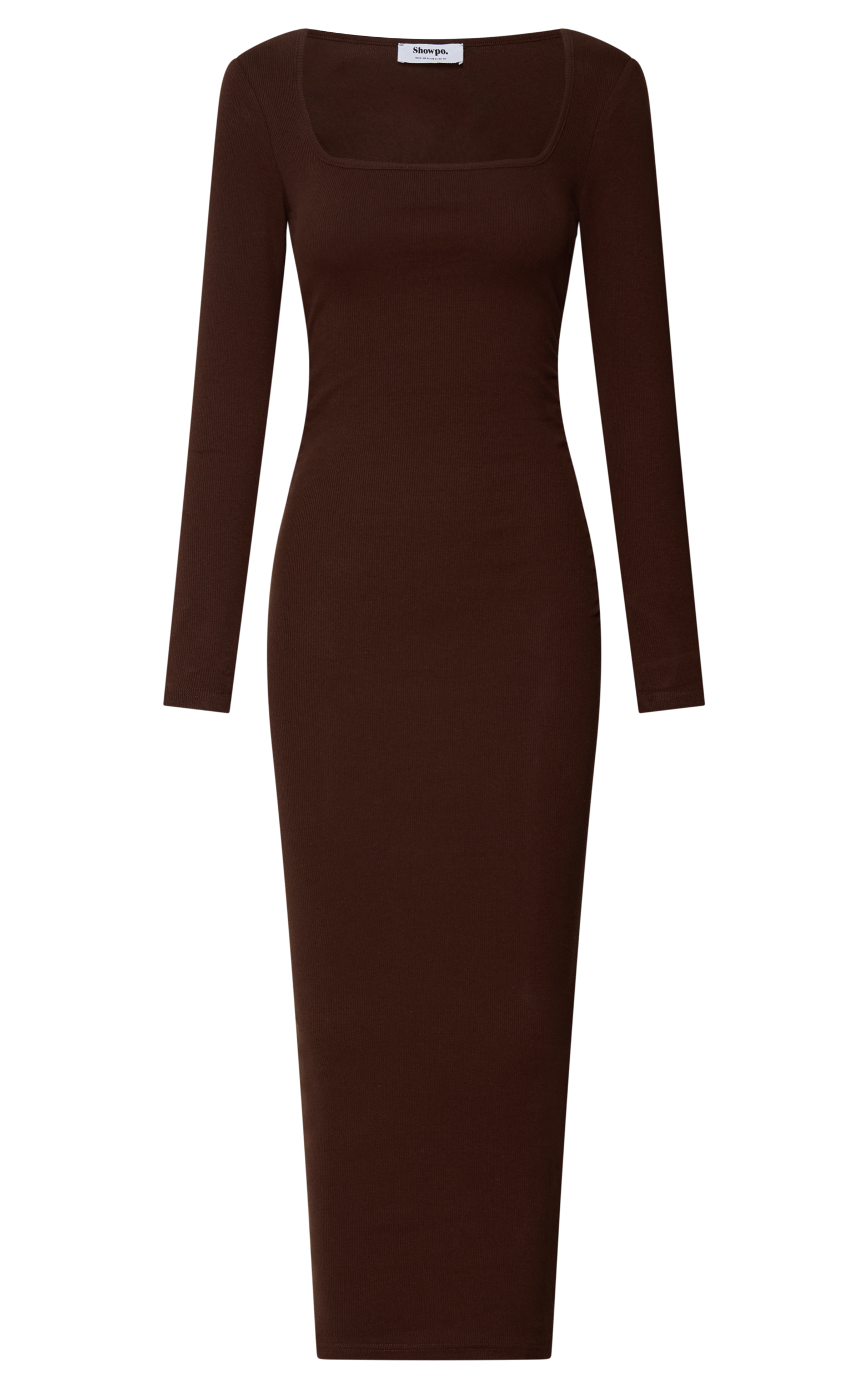 Lucy Midi Dress - Ribbed Side Ruched Bodycon Dress in Espresso