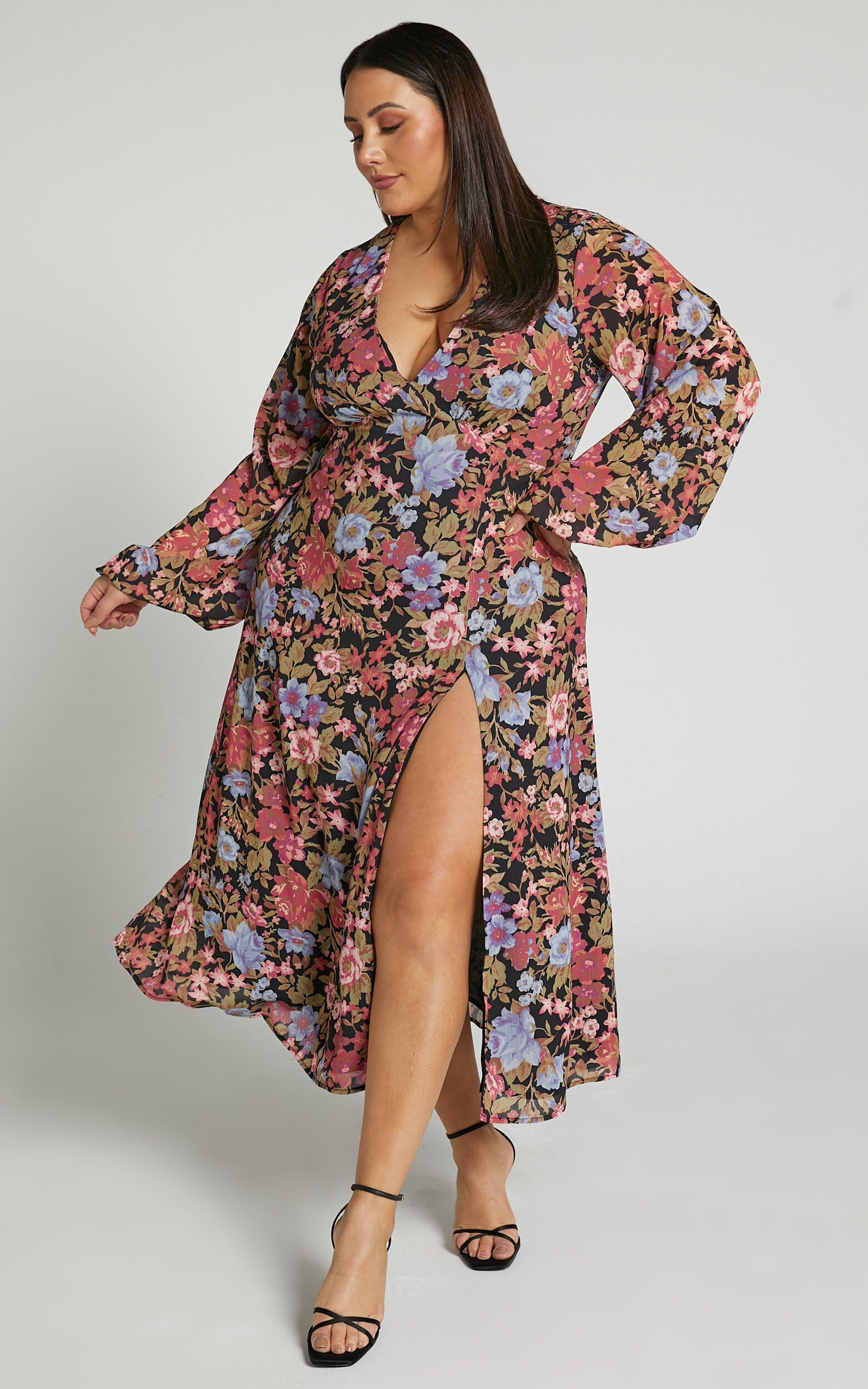 Henny Midi Dress - Long Sleeve Split Dress in Dusk Floral