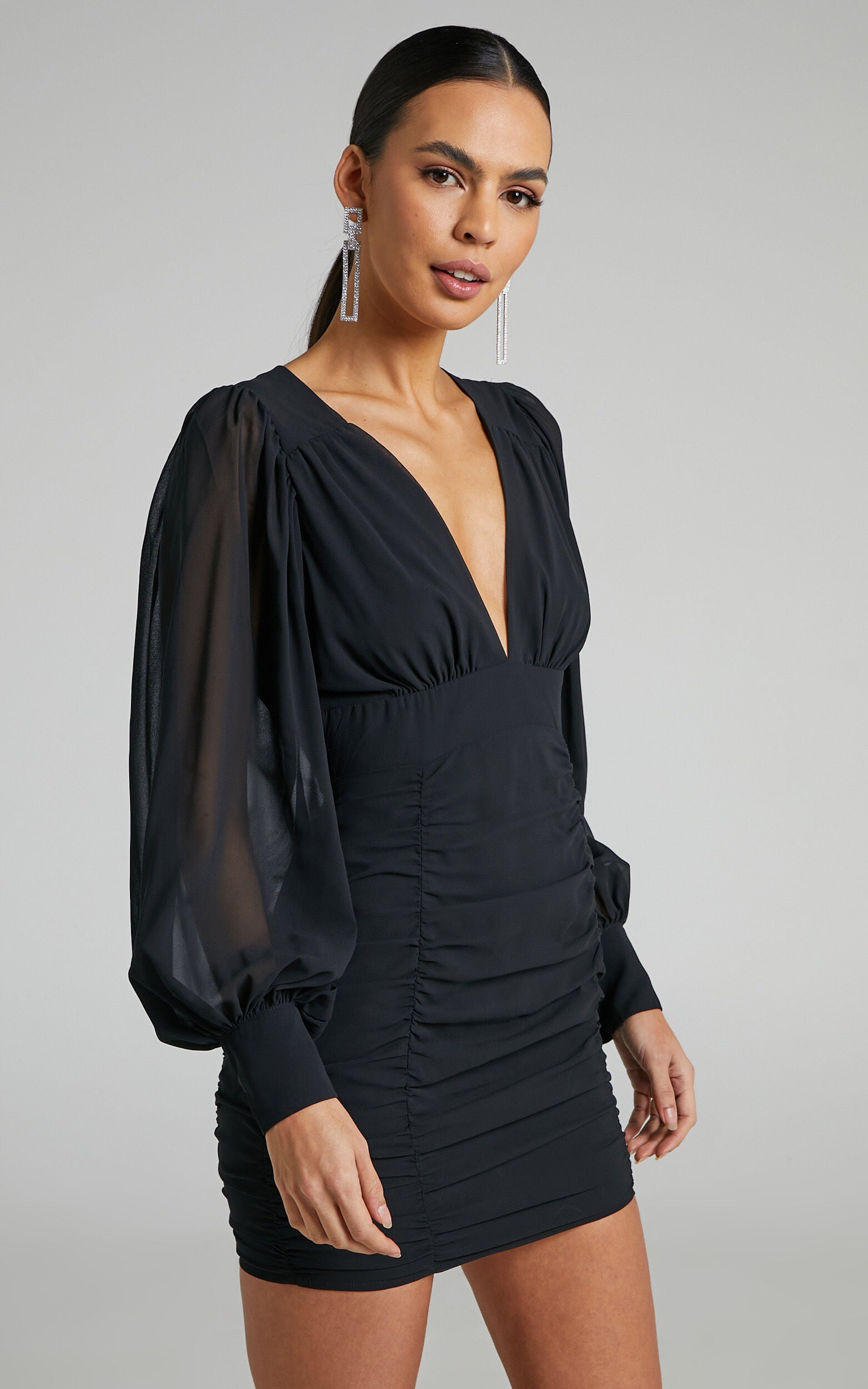 Hollis Mini Dress - Ruched Long Sleeve Plunge Neck Dress in Black