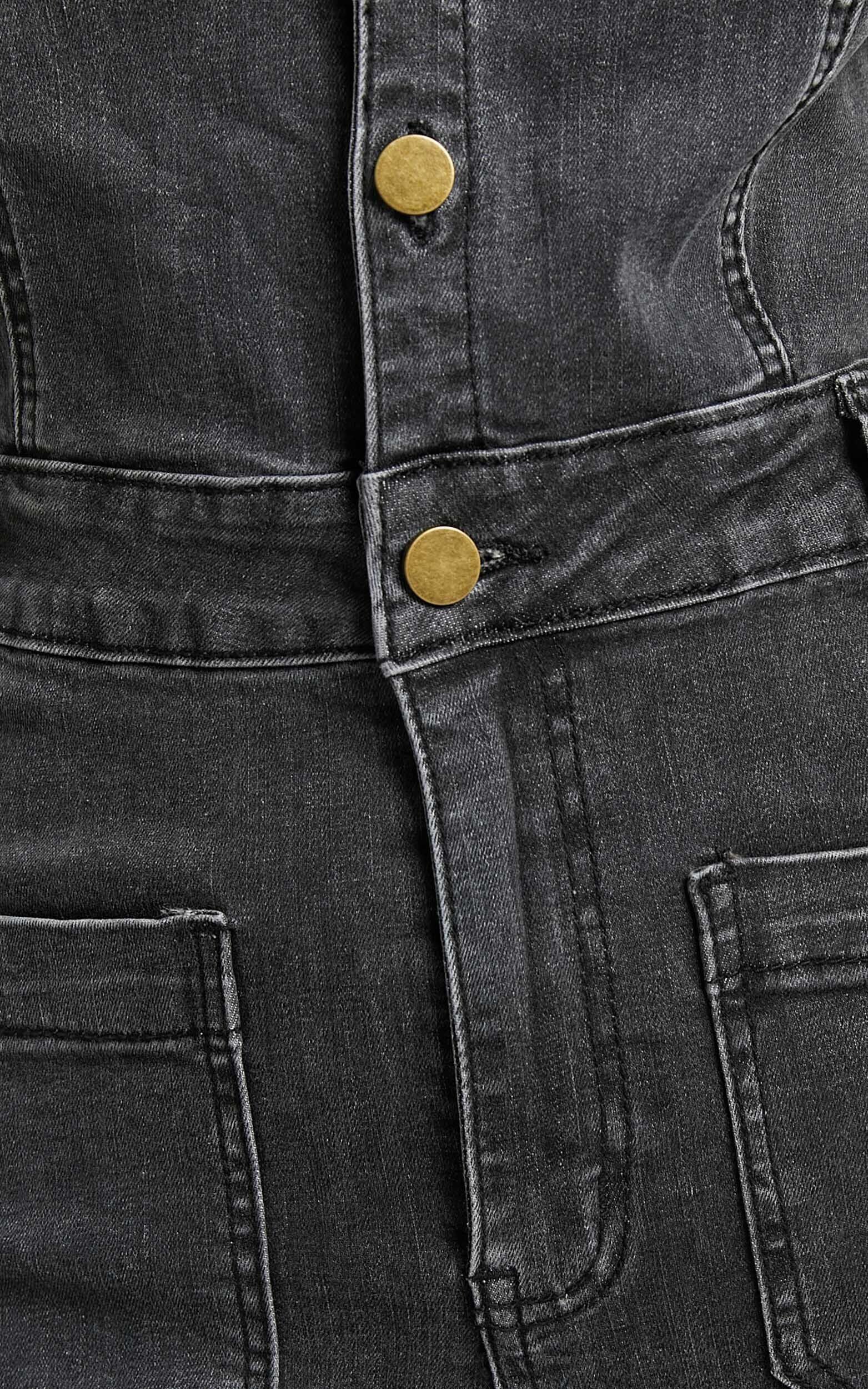 Silvena Jumpsuit - Short Sleeve Flared Denim Jumpsuit in Black Wash