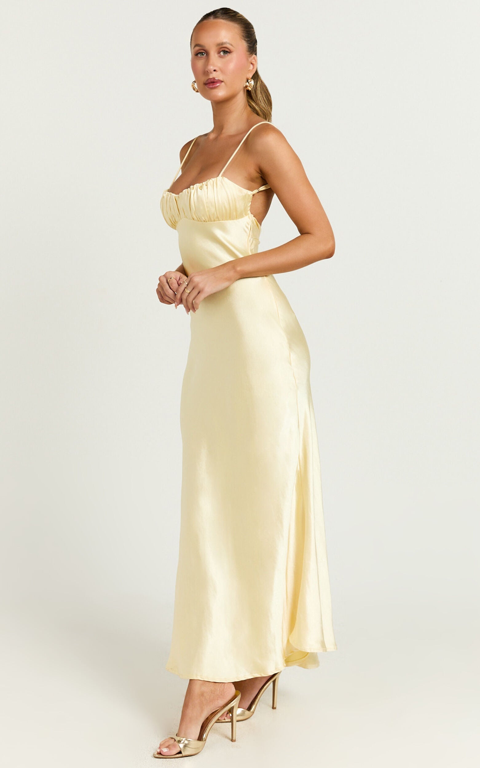 Jonalyn Midi Dress - Open Back Detailing Slip Dress in Butter