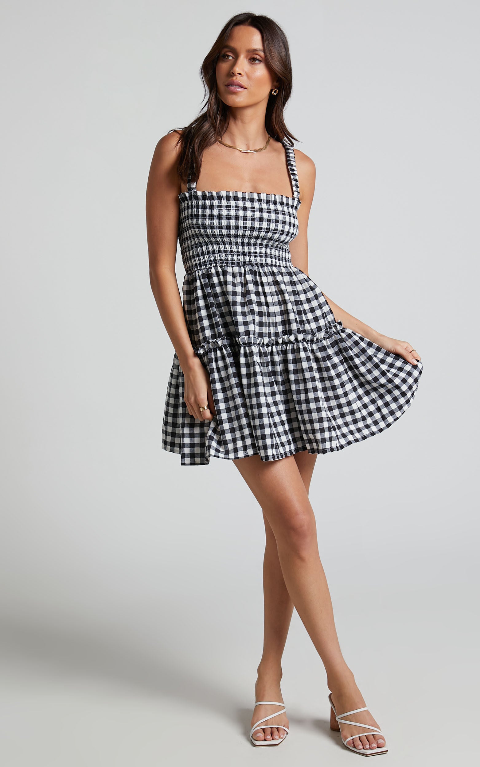 Wilda Mini Dress - Shirred Tiered Dress in Black and White Check