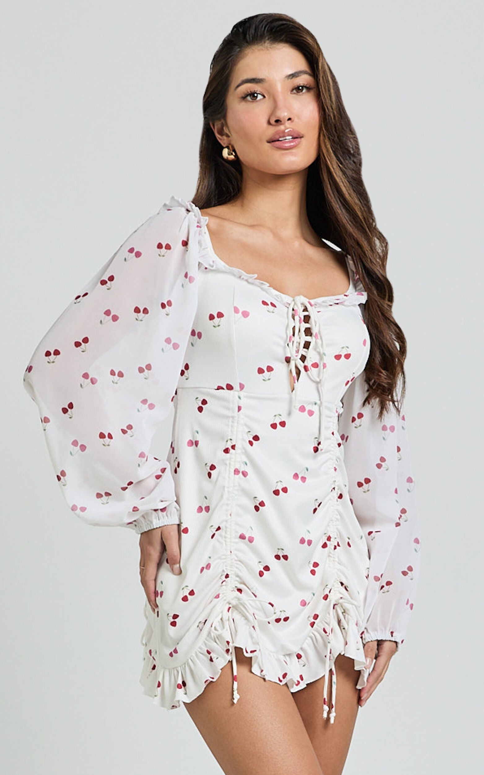 Francia Mini Dress - Long Sleeve Gathered Frill Hem Detail Dress in Cherry Print