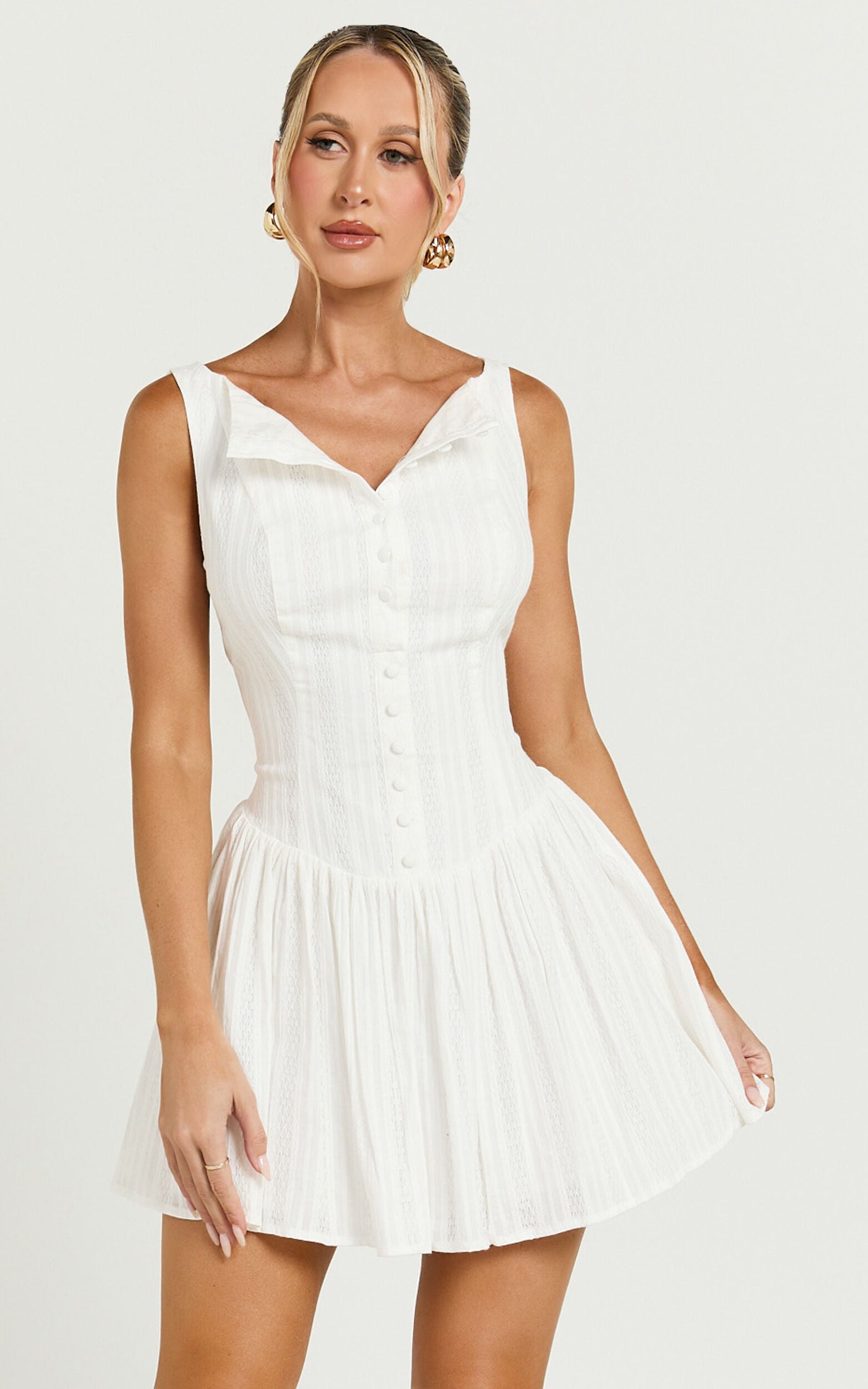 Zhai Mini Dress - High Neck Button Through Dress in Ivory