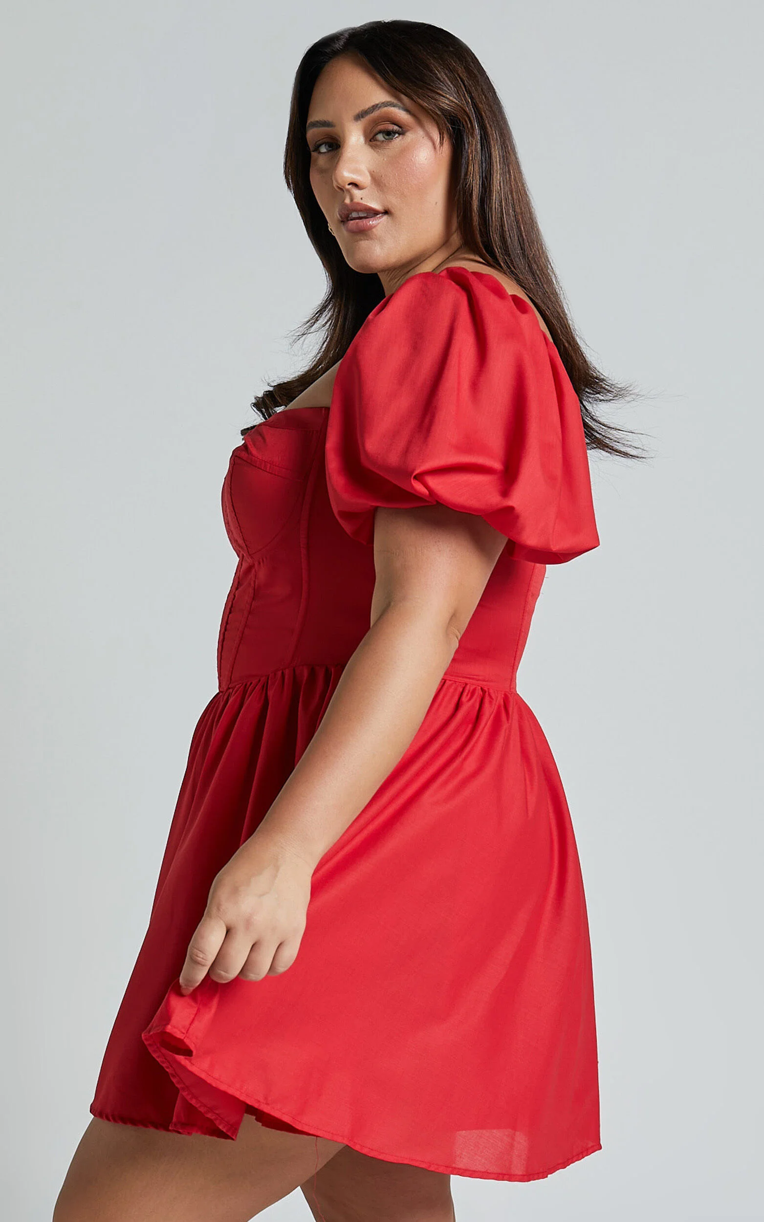 Souza Mini Dress - Fit and Flare Puff Sleeve Corset Dress in Red