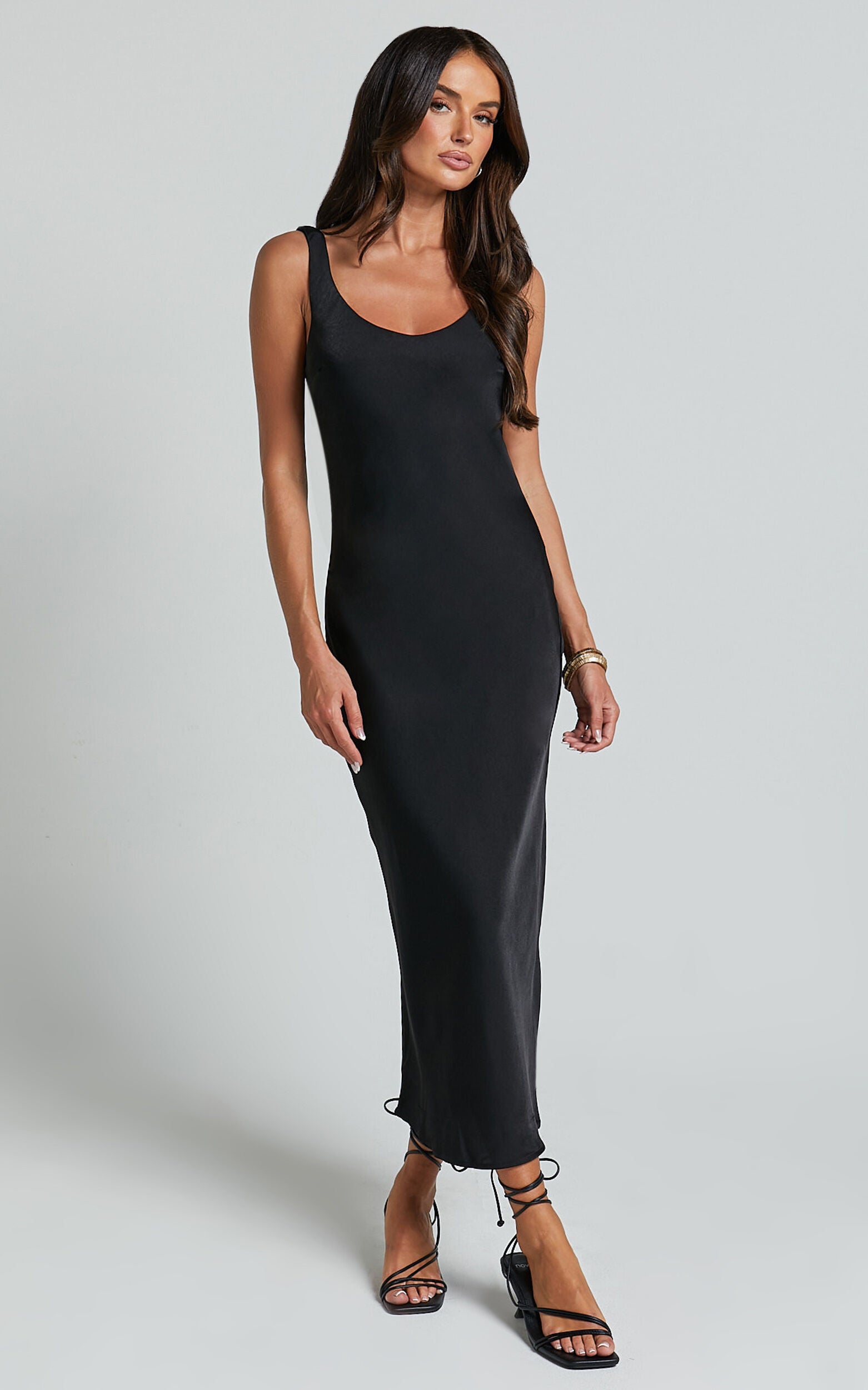 Julie Midi Dress - Scoop Neck Low Back Satin Slip Dress in Black