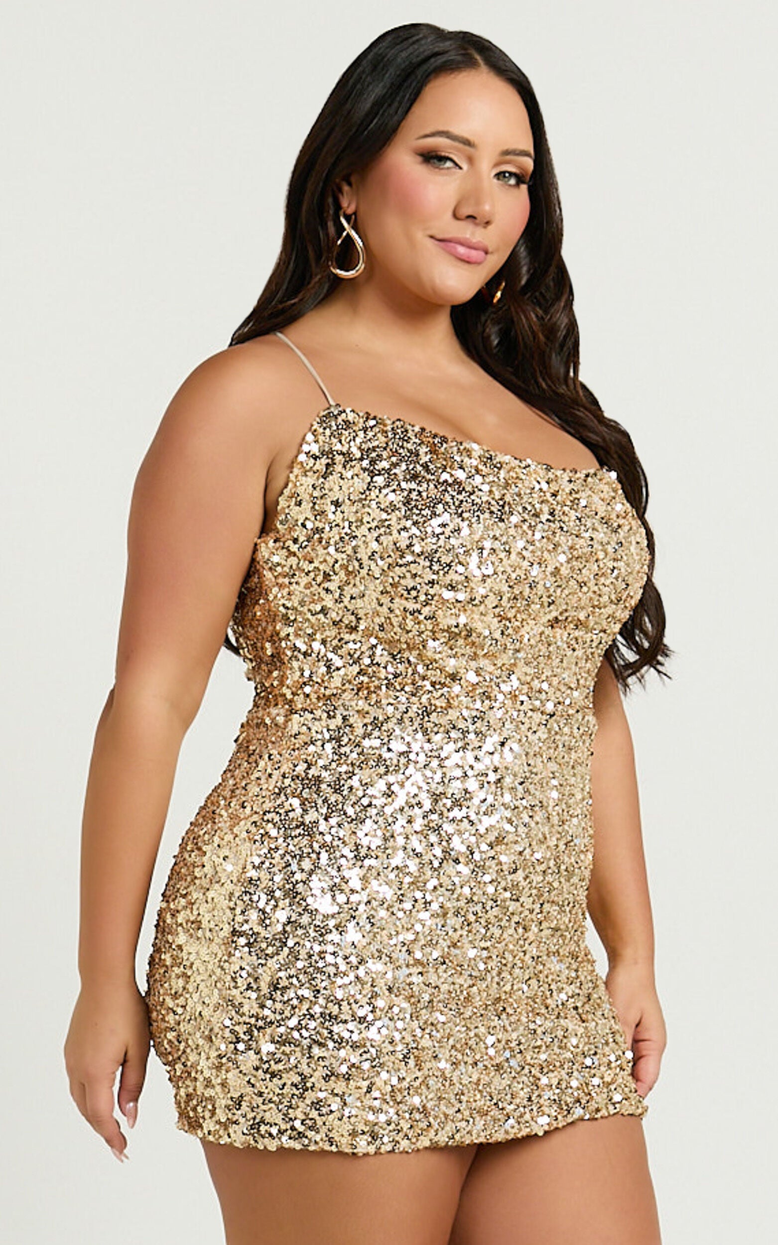 Hughes Mini Dress - Cowl Neck Tie Back Sequin Dress in Gold
