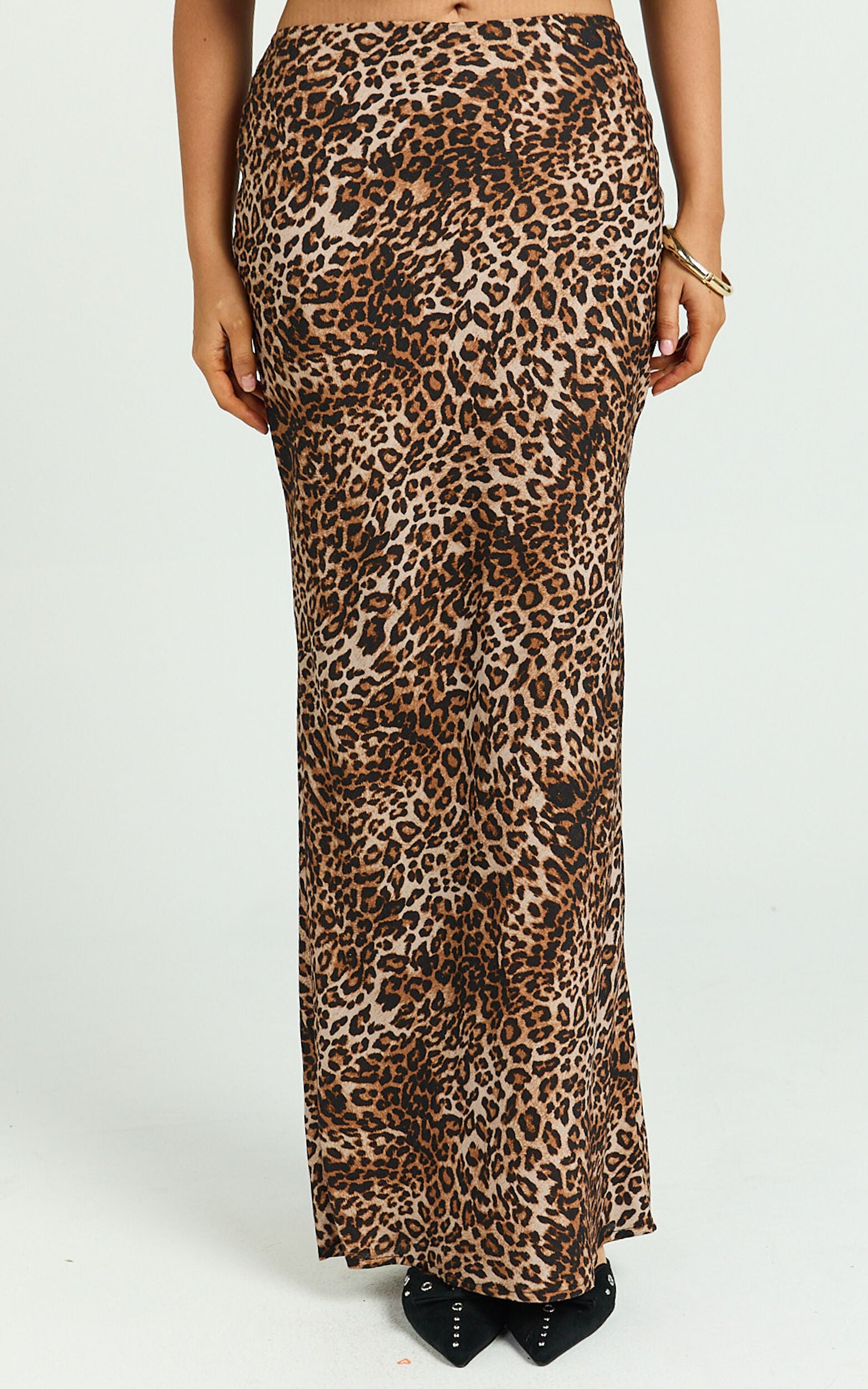 Jacqui Maxi Linen Skirt - Bias Cut Back Split Skirt in Tonal Leopard Print