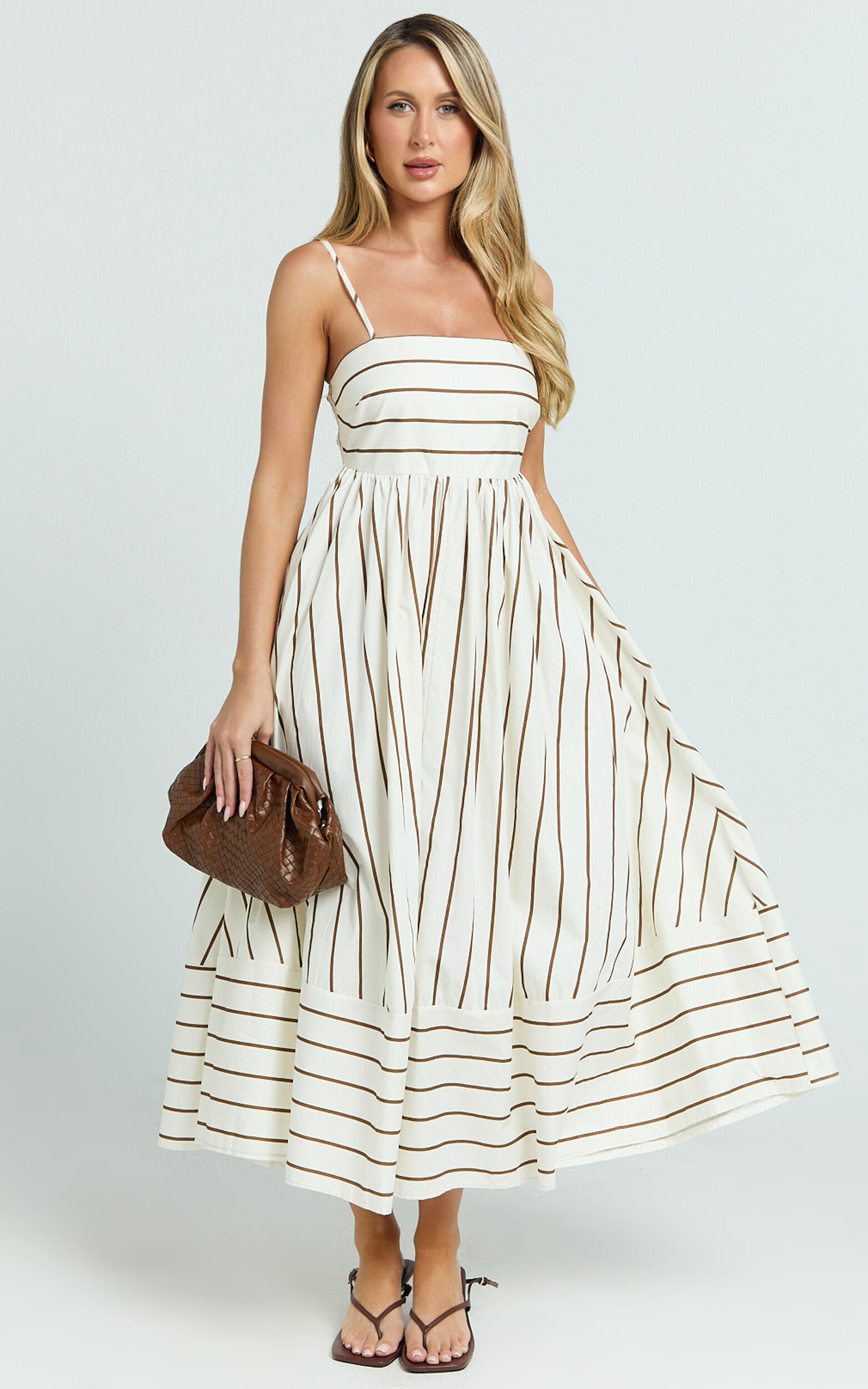 Erich Midi Dress - Open Back Stripe Dress in Beige White