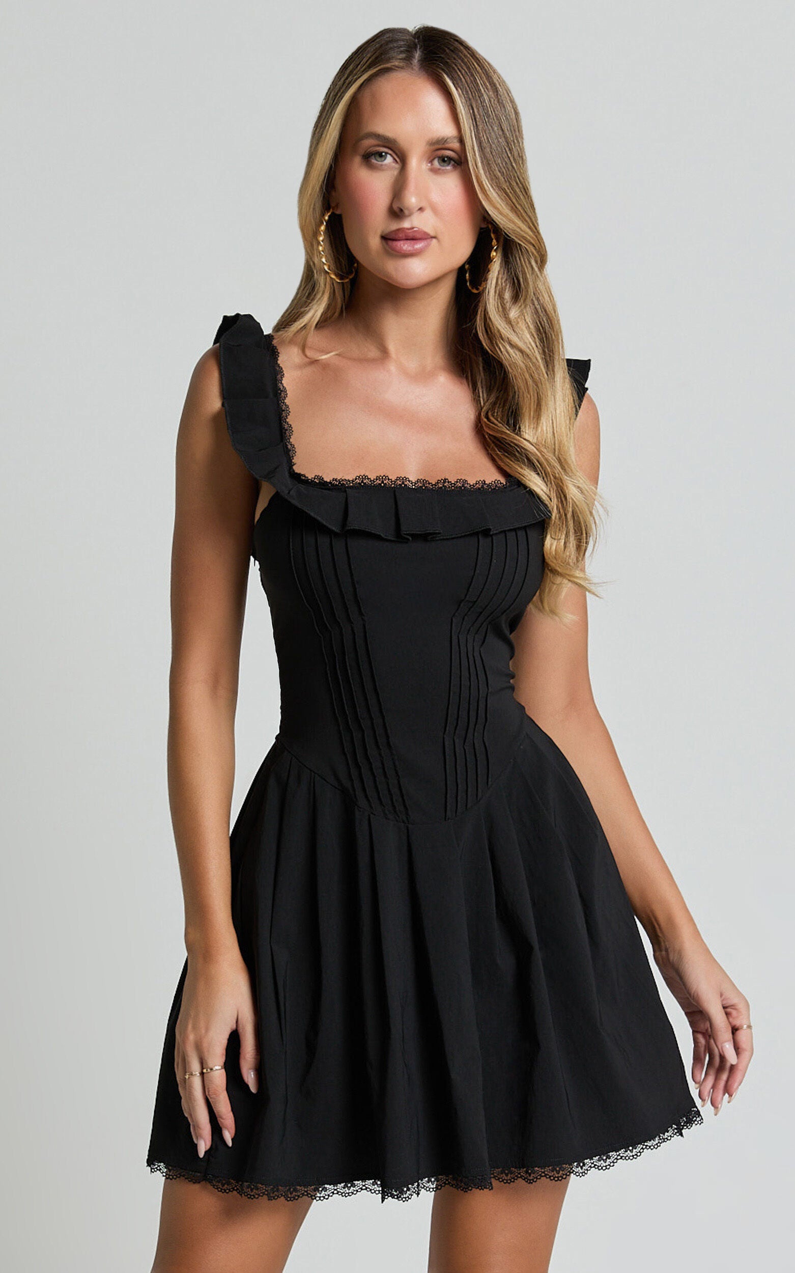 Petunia Mini Dress - Fit and Flare Baby Doll Frill Detail Mini Dress in Black
