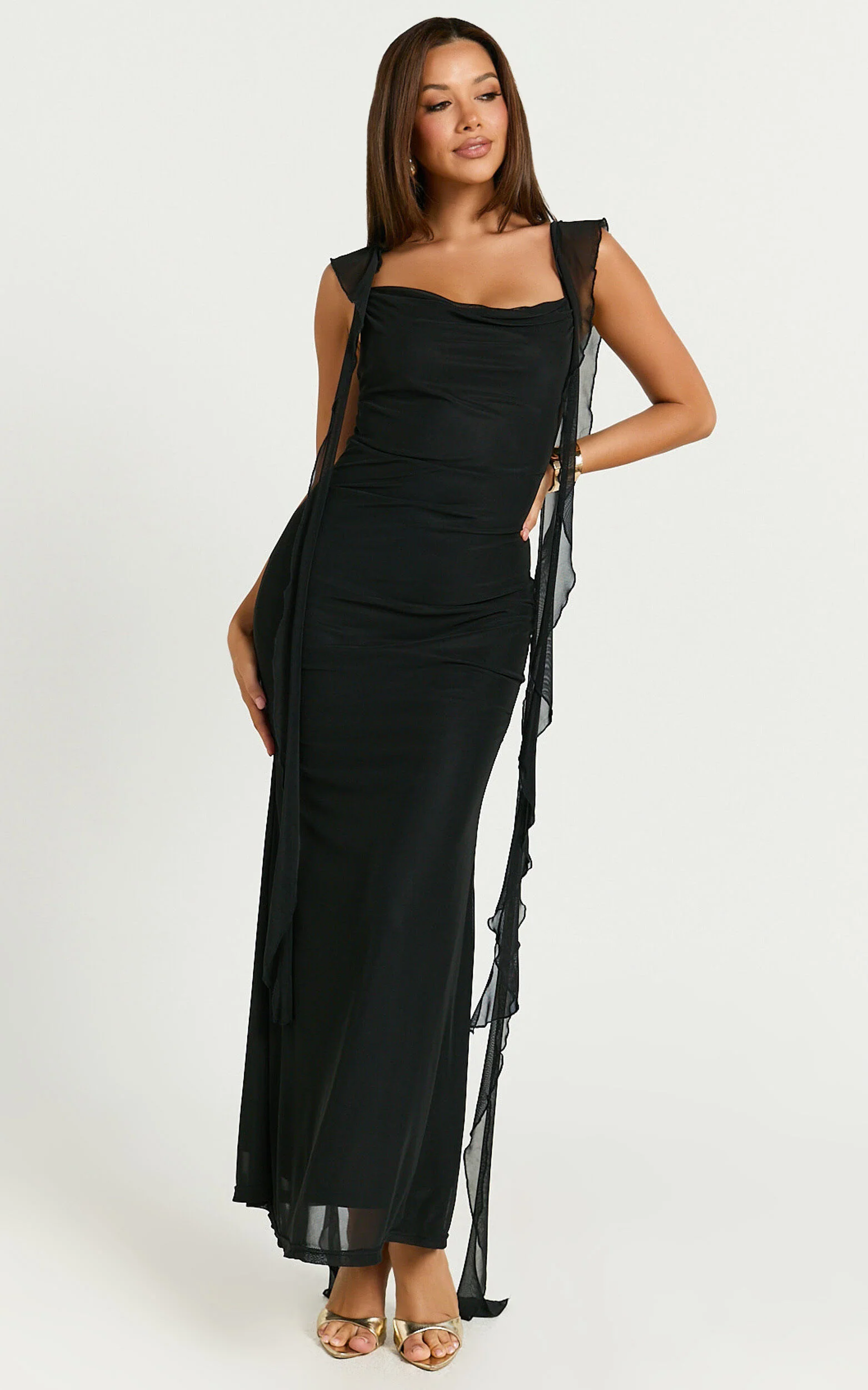 Rosha Maxi Dress - Ruffle Strap Dress in Black