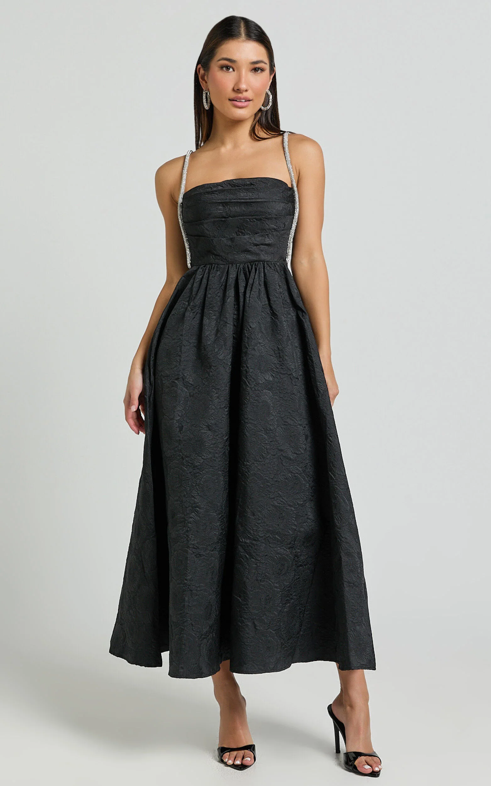 Alvia Midi Dress - Diamante Strap Ruched Straight Neck Dress in Black