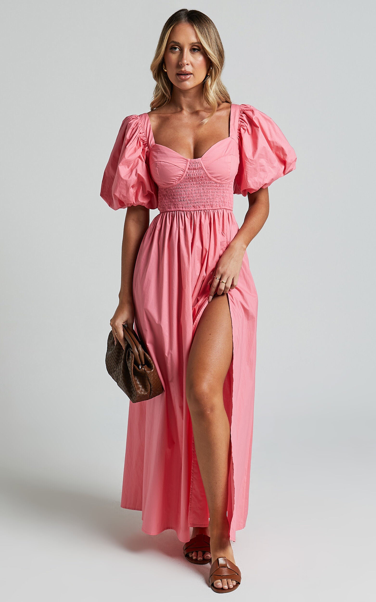 Raiza Midi Dress - Shirred Waist Puff Sleeve Dress in Coral Pink