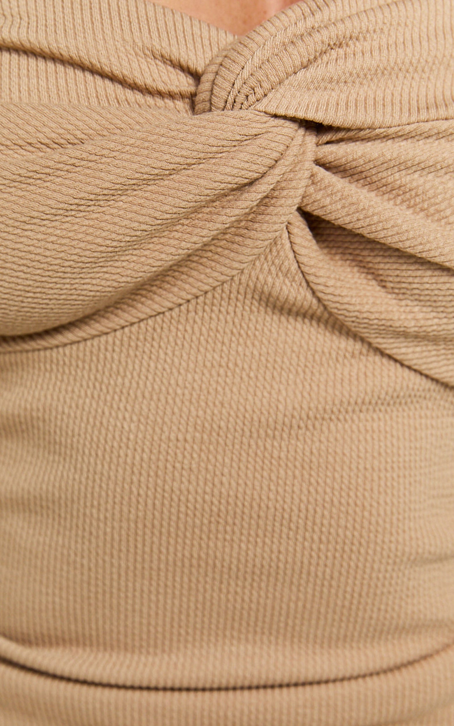 Jelena Top - Jersey Strapless Twist Front Top in Tan