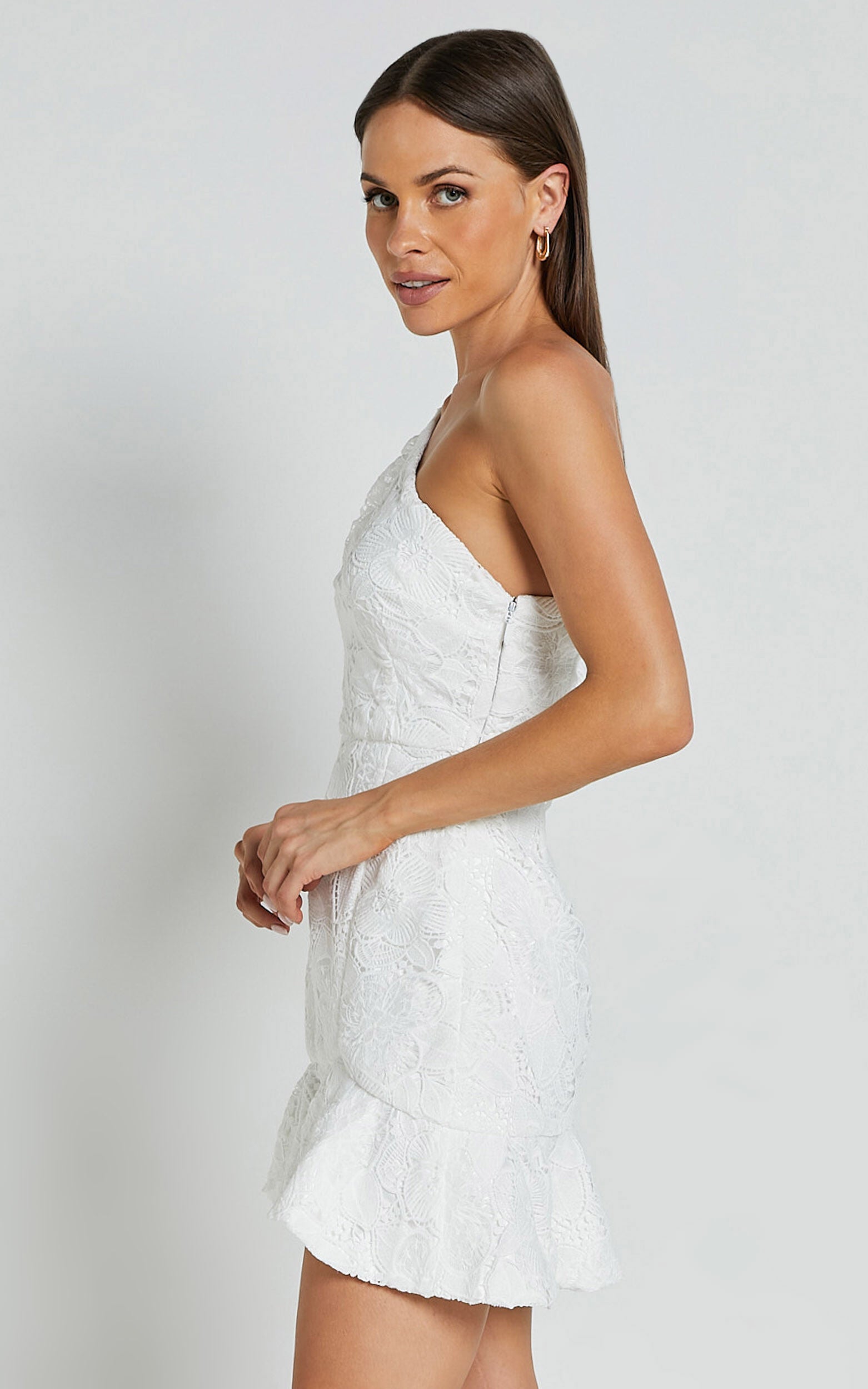 Jenny Mini Dress - One Shoulder Side Cut Out Lace Dress in White