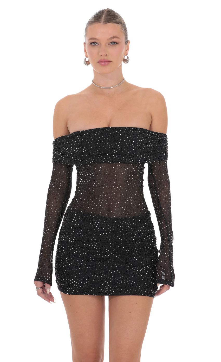 Rhinestone Mesh Off Shoulder Dress in Black