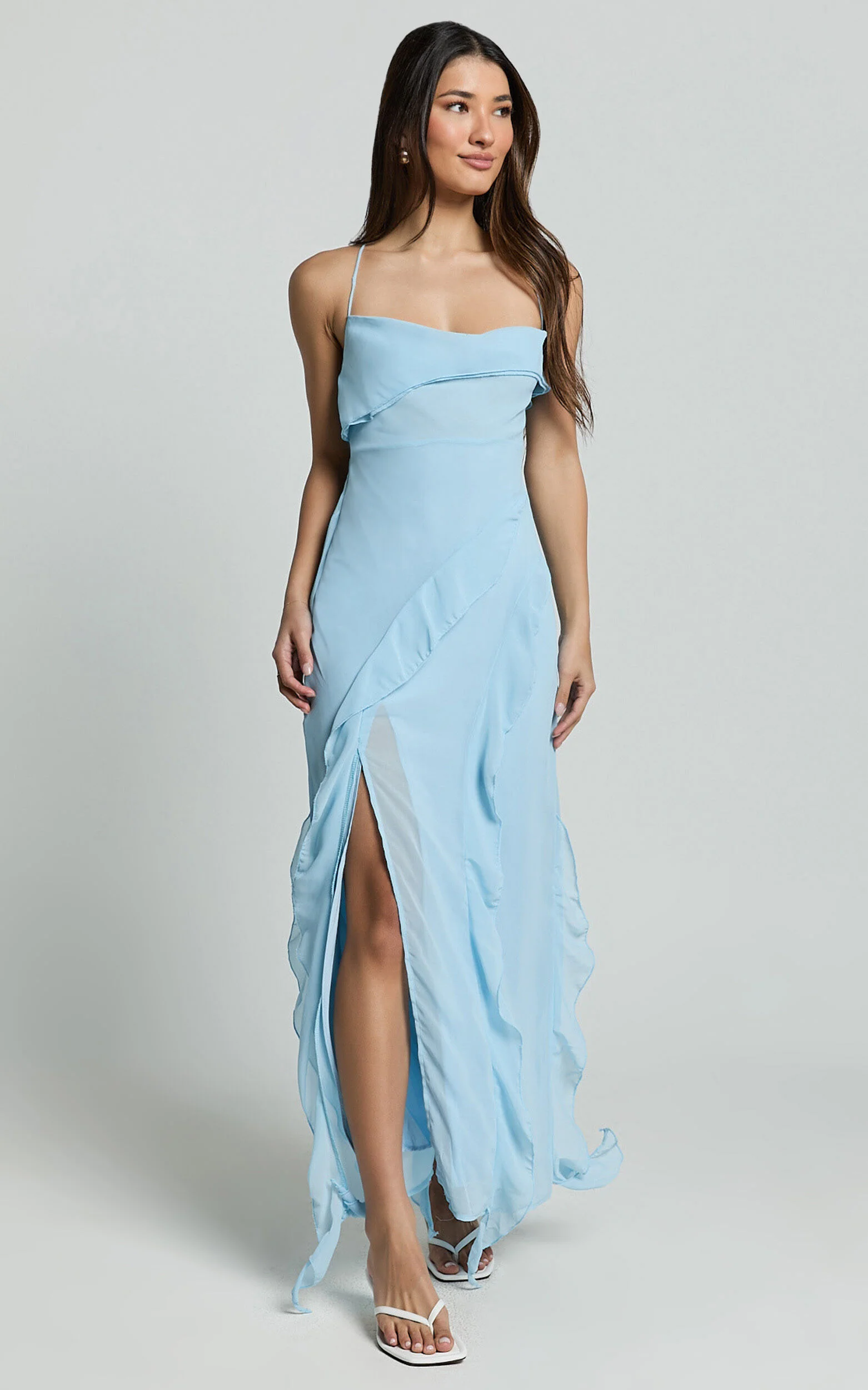 Connie Midi Dress- Ruffle Detail Dress in Blue