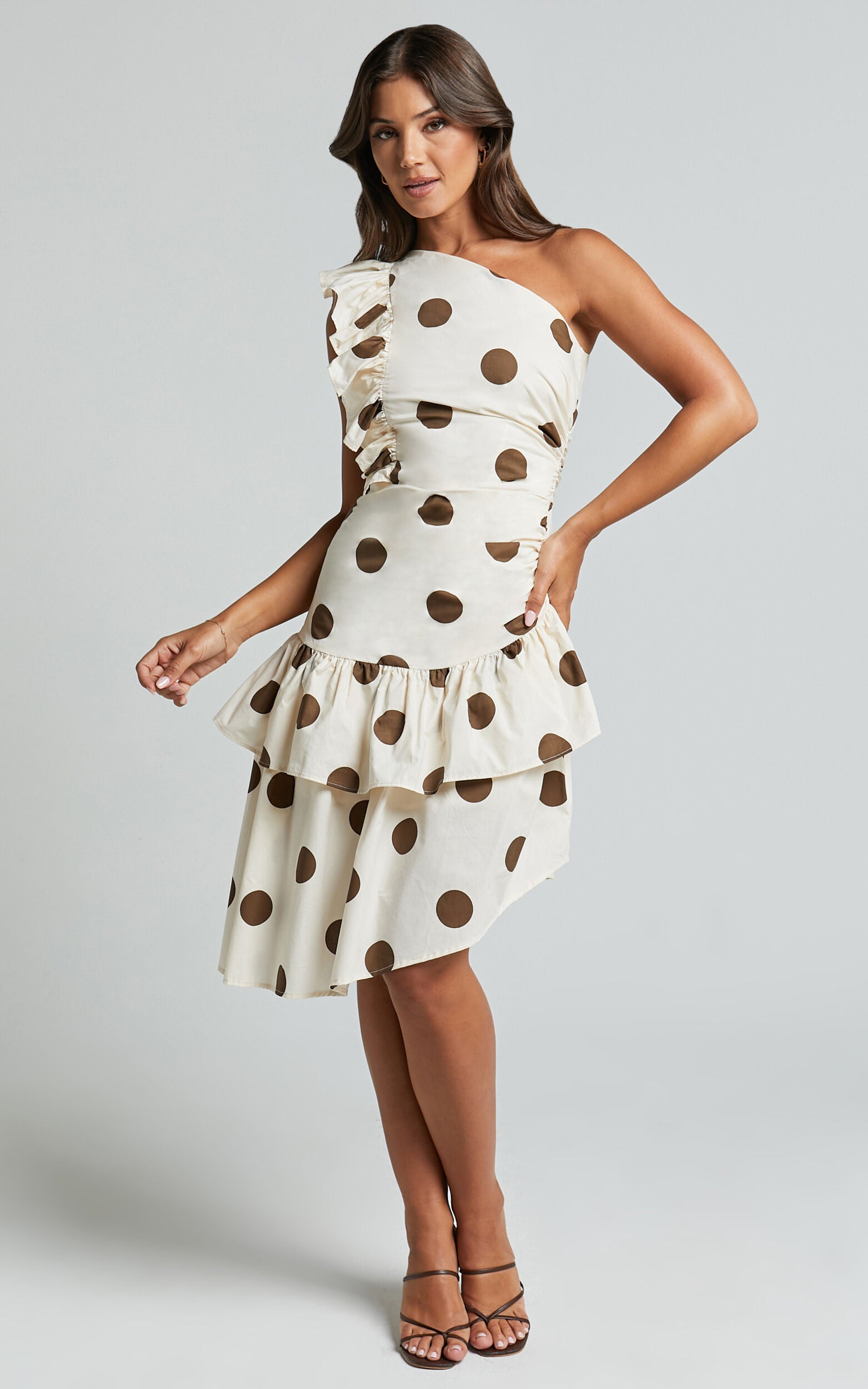 Emilie Midi Dress - One Shoulder Ruffle Detail Dress in Chocolate and Natural