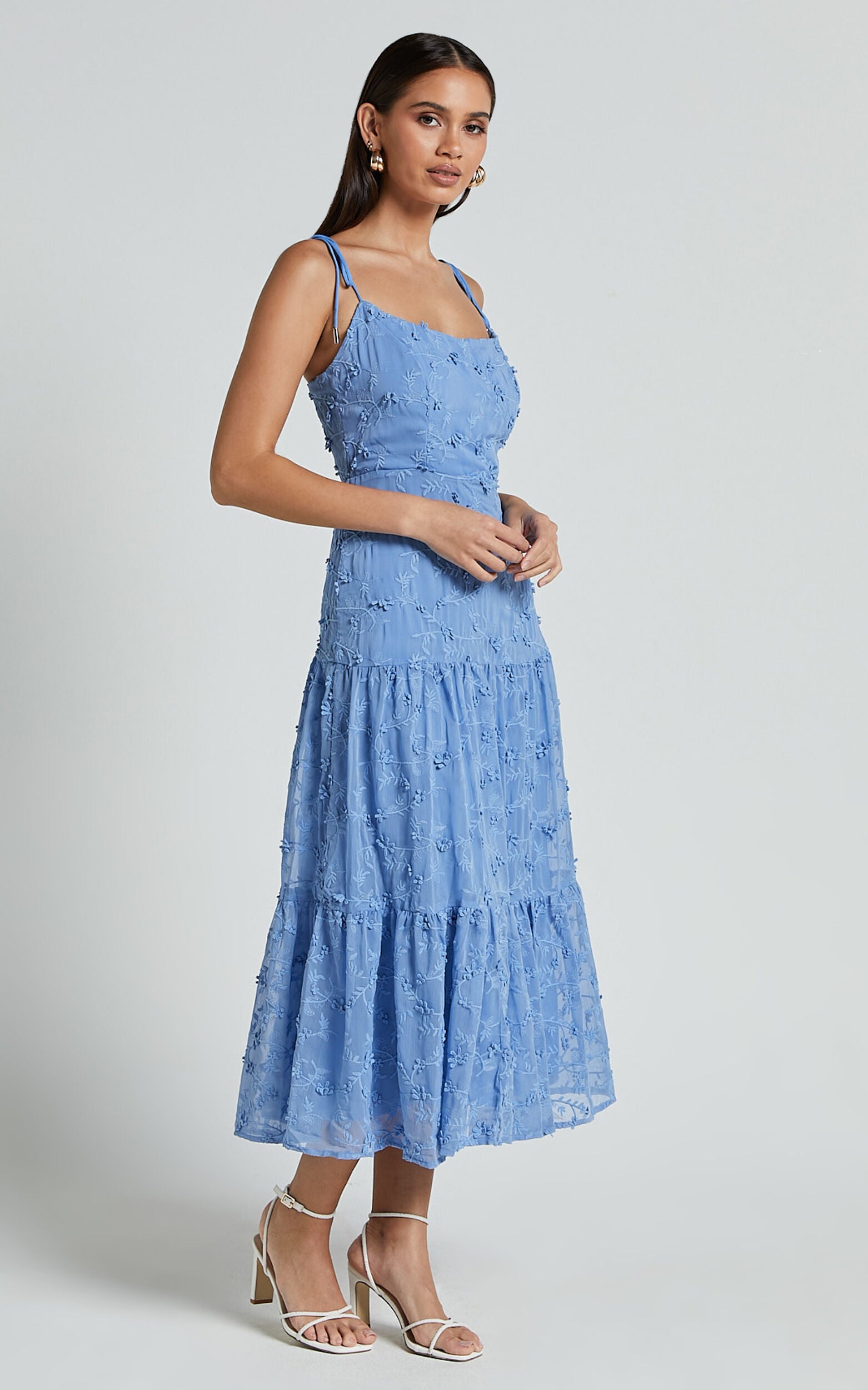 Francesca Midi Dress - Tie Shoulder Tiered Embroided Dress in Cornflower Blue