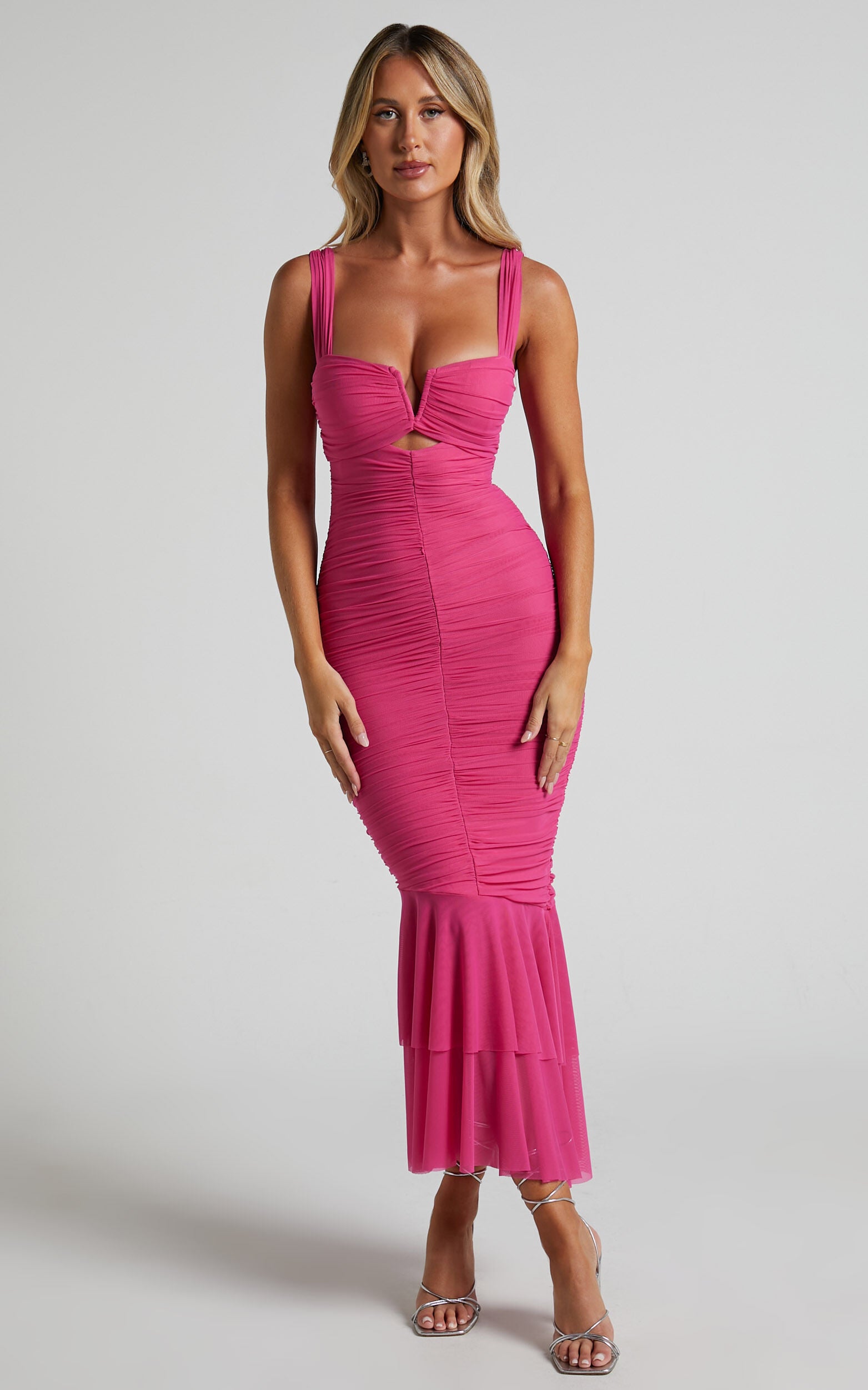 Kody Midi Dress - Bodycon Ruched Mesh Cut Out Dress in Hot Pink