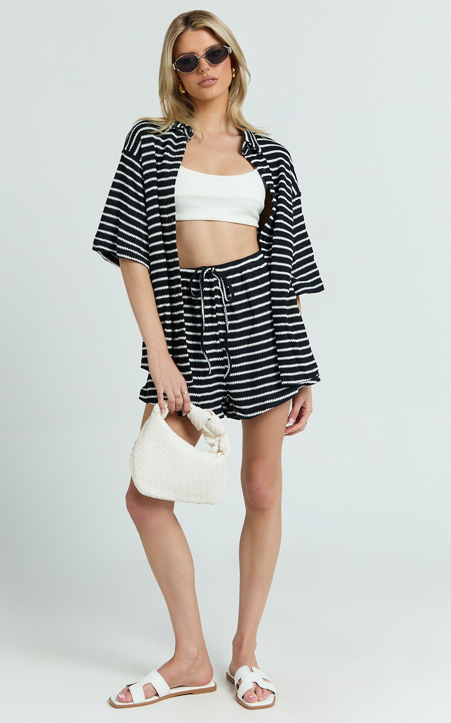 Dylan Two Piece Set - Striped Waffle Shirt and Short Set in Black & White Stripe
