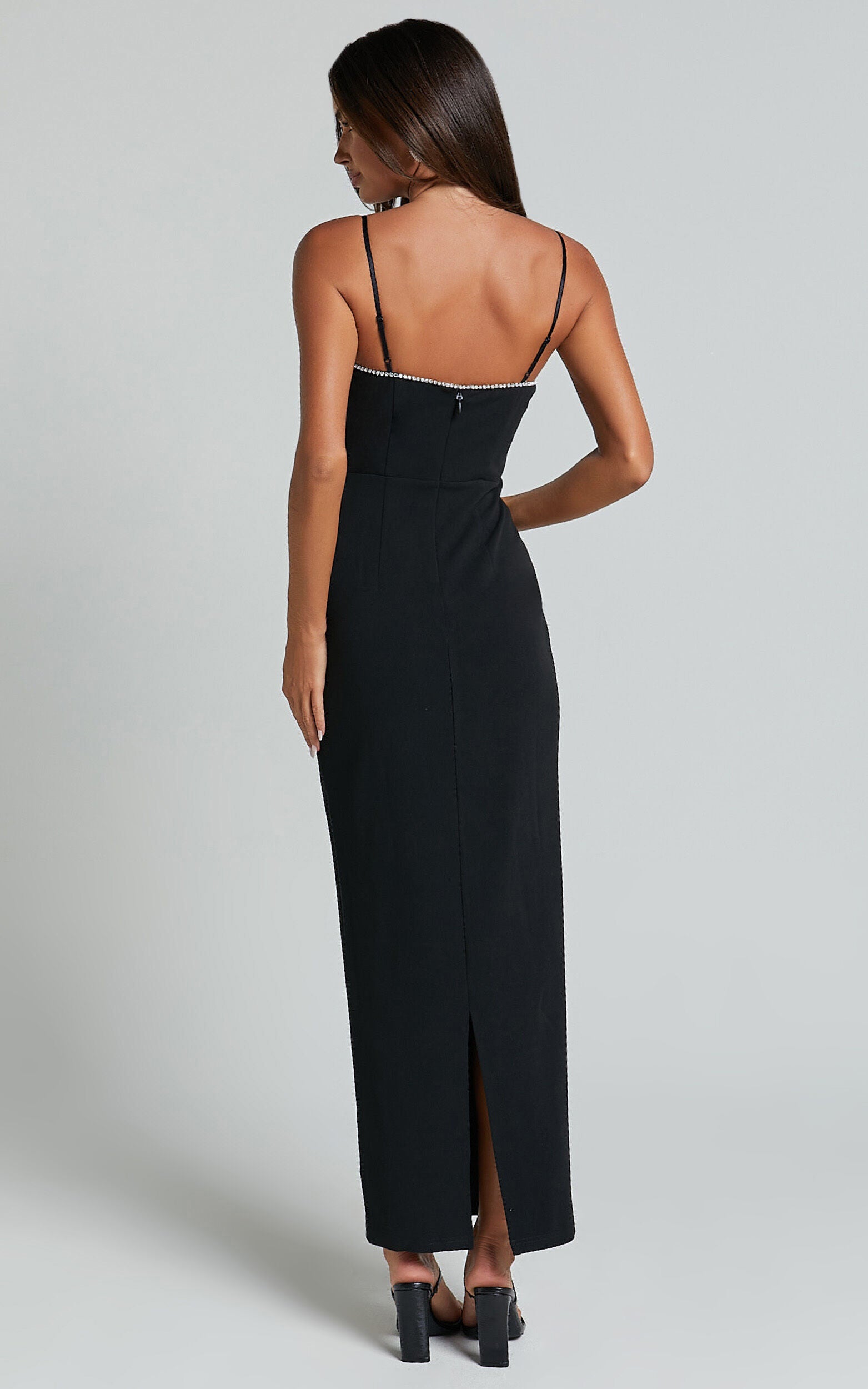 Felicity Midi Dress - Plunge Diamante Detail Dress in Black