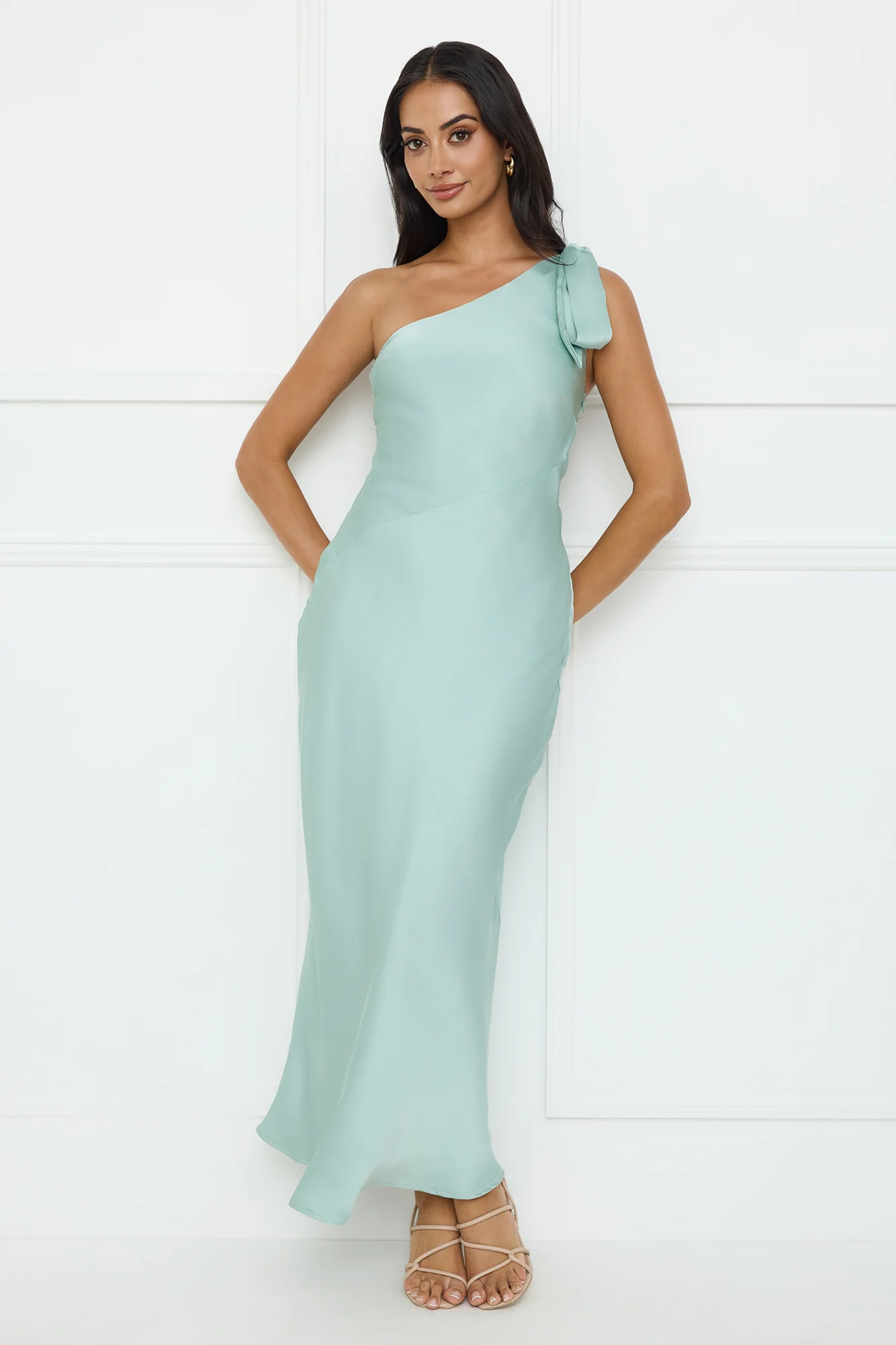 Night Of Distinction One Shoulder Satin Maxi Dress Sage